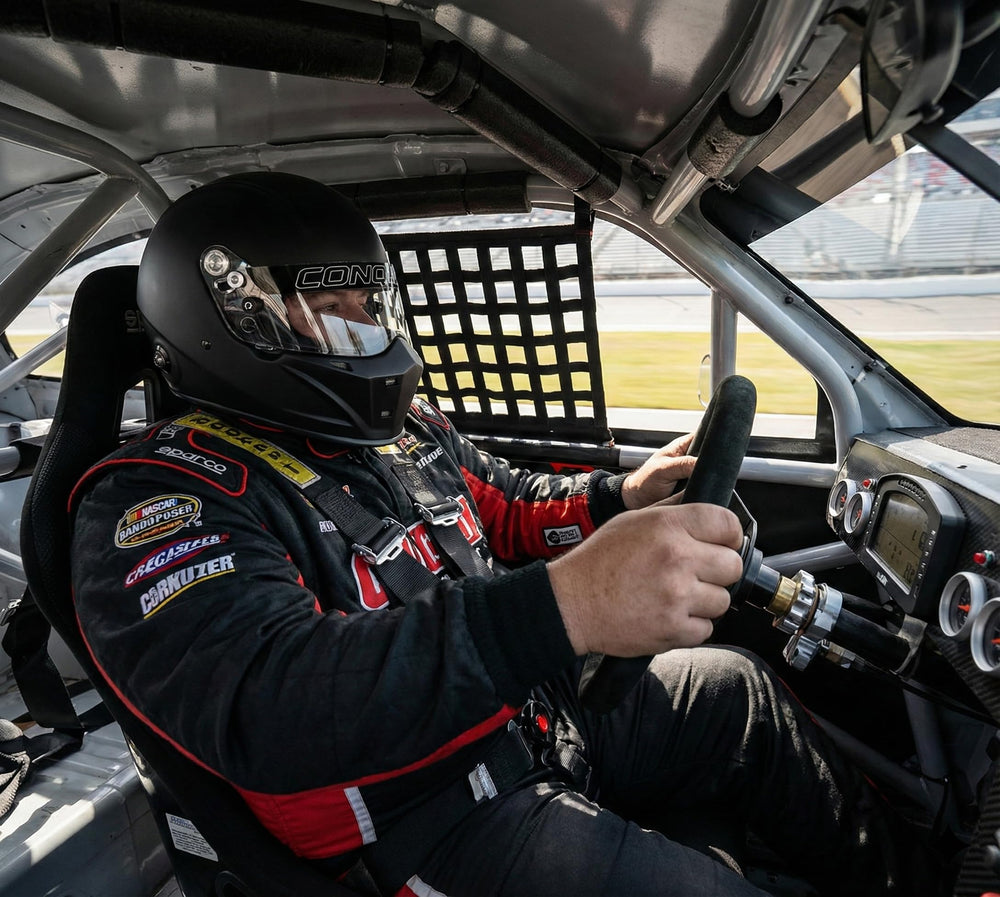 Conquer helmet worn by driver in cockpit demonstrating real-world track use