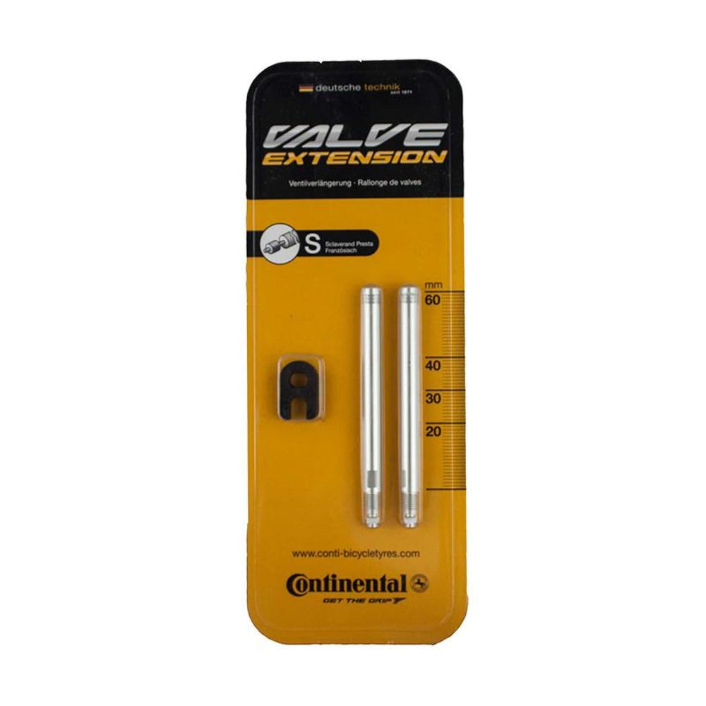 Continental Conti valve extender pack front view showing two silver extenders and benefits