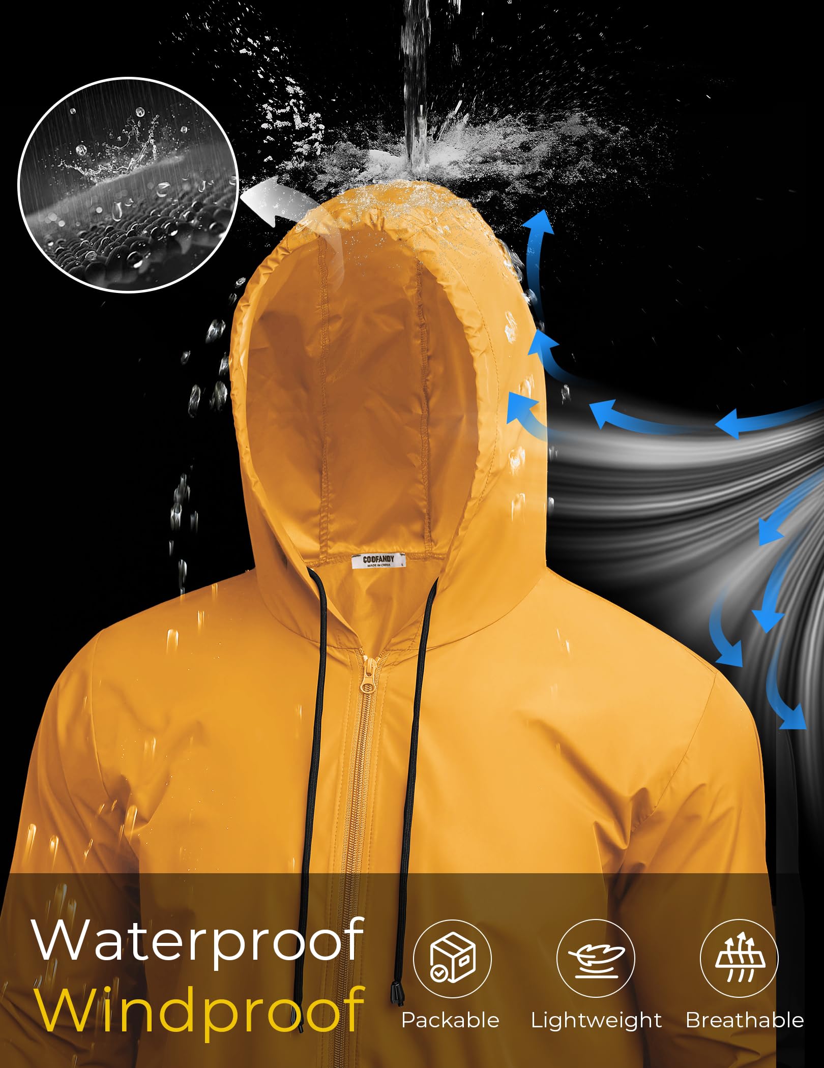 COOFANDY model cycling in rain showing freedom of movement and weather defense