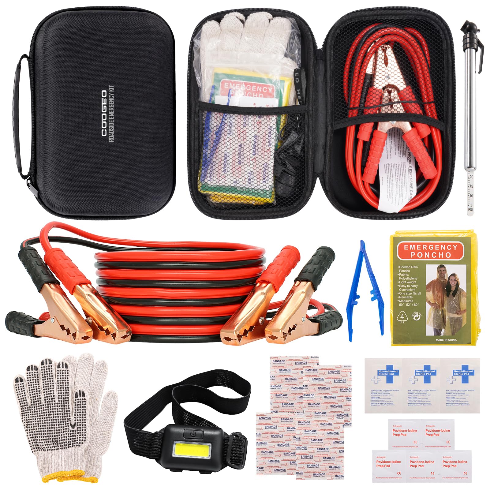 COOGEO front view of black emergency kit showing organized compartments and quick access