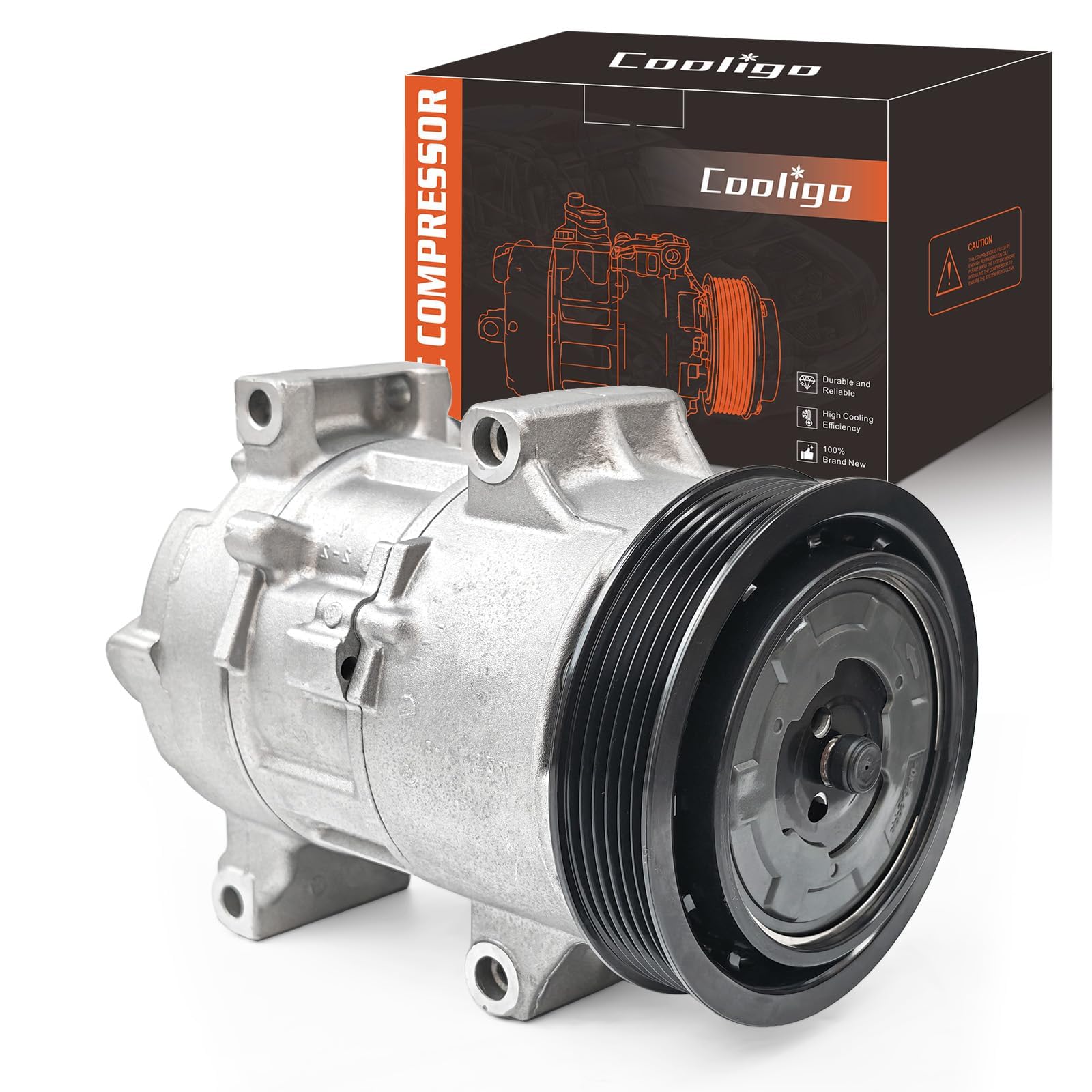 COOLIGO compressor front view showing mounting points and fit benefits
