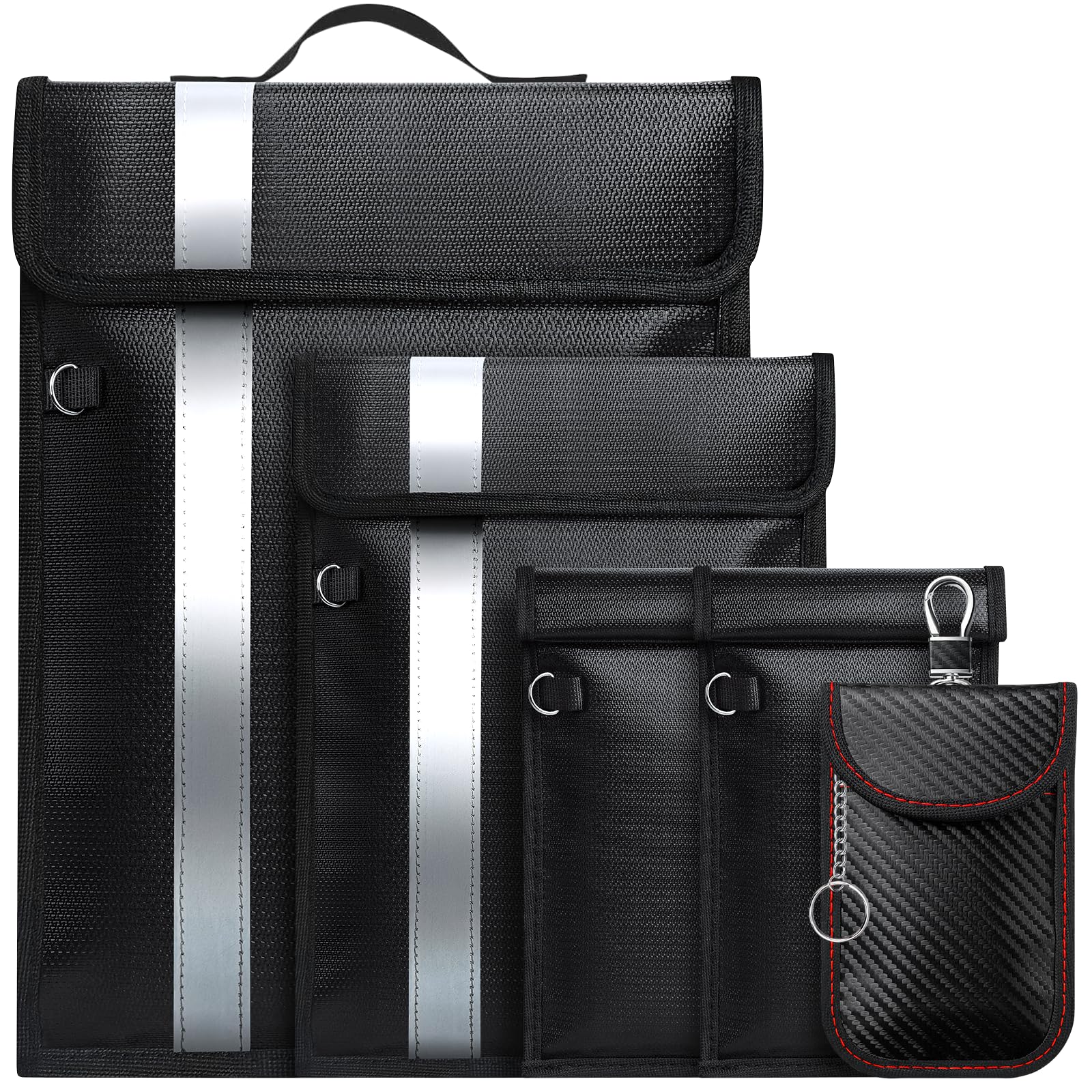 Coorattyes front view of five-piece Faraday bag set showing sizes and handle protection