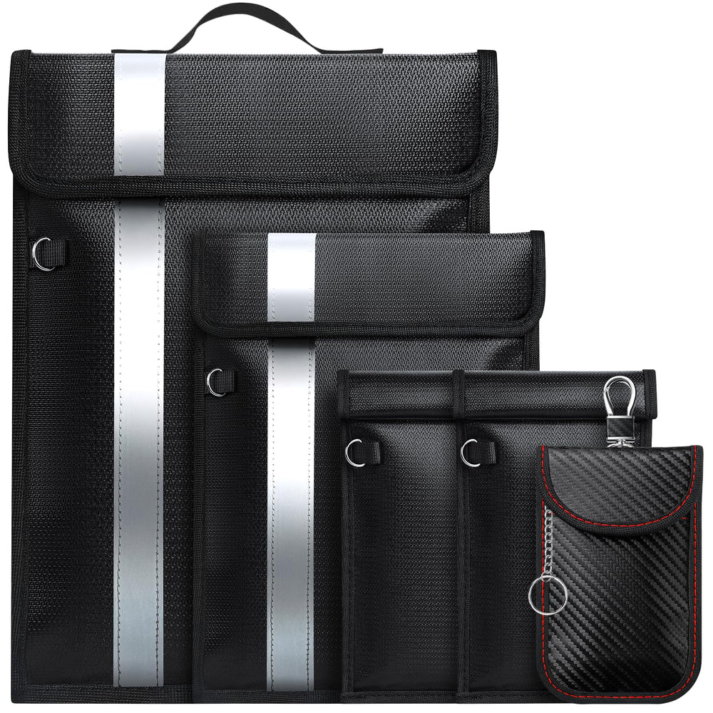 Coorattyes front view of five-piece Faraday bag set showing sizes and handle protection