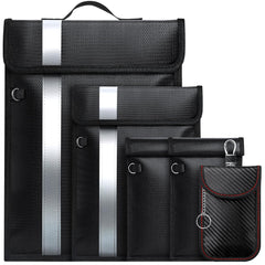 Coorattyes front view of five-piece Faraday bag set showing sizes and handle protection