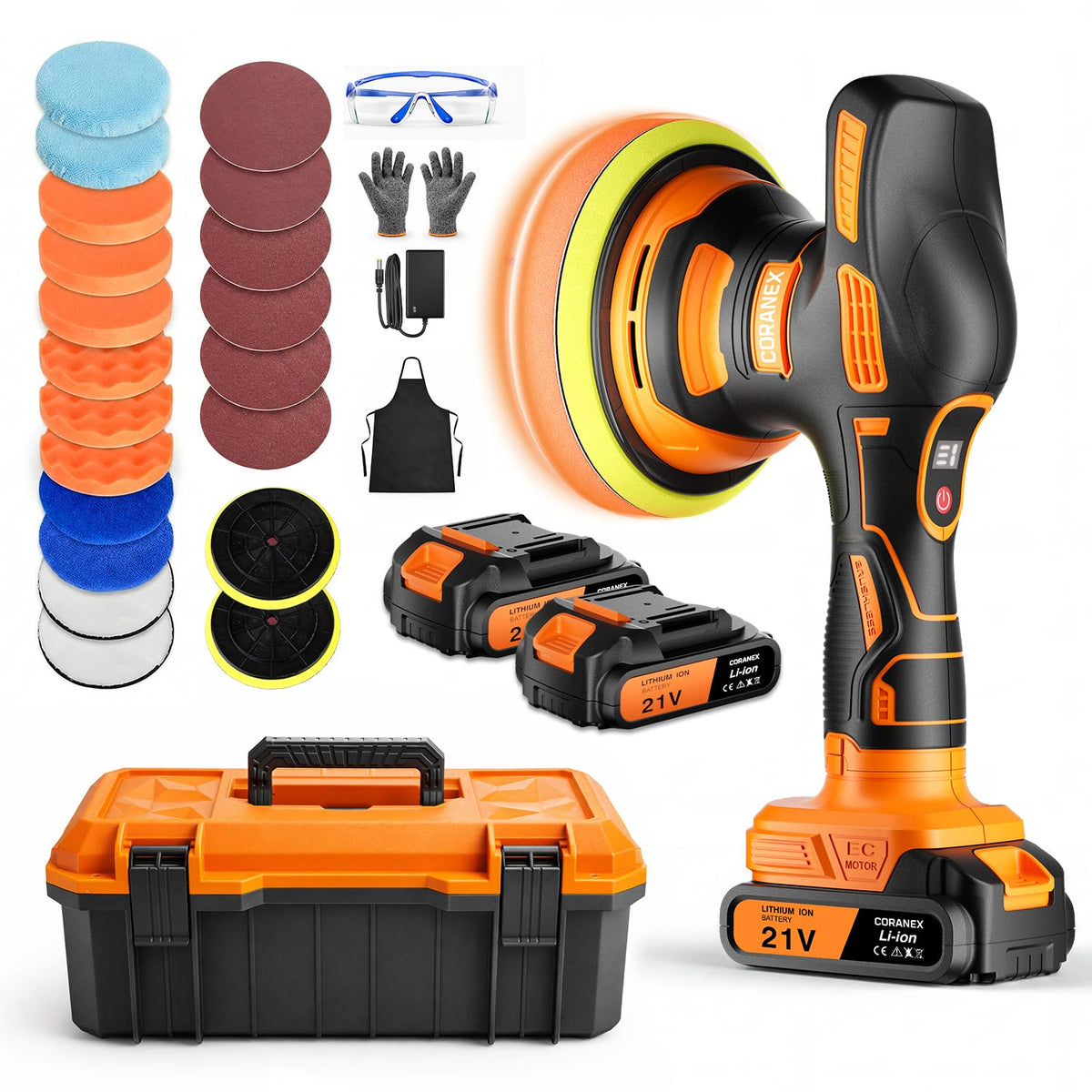 Coranex cordless polisher front view showing kit layout and portability benefit