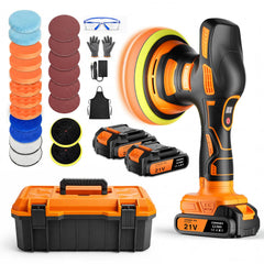 Coranex cordless polisher front view showing kit layout and portability benefit