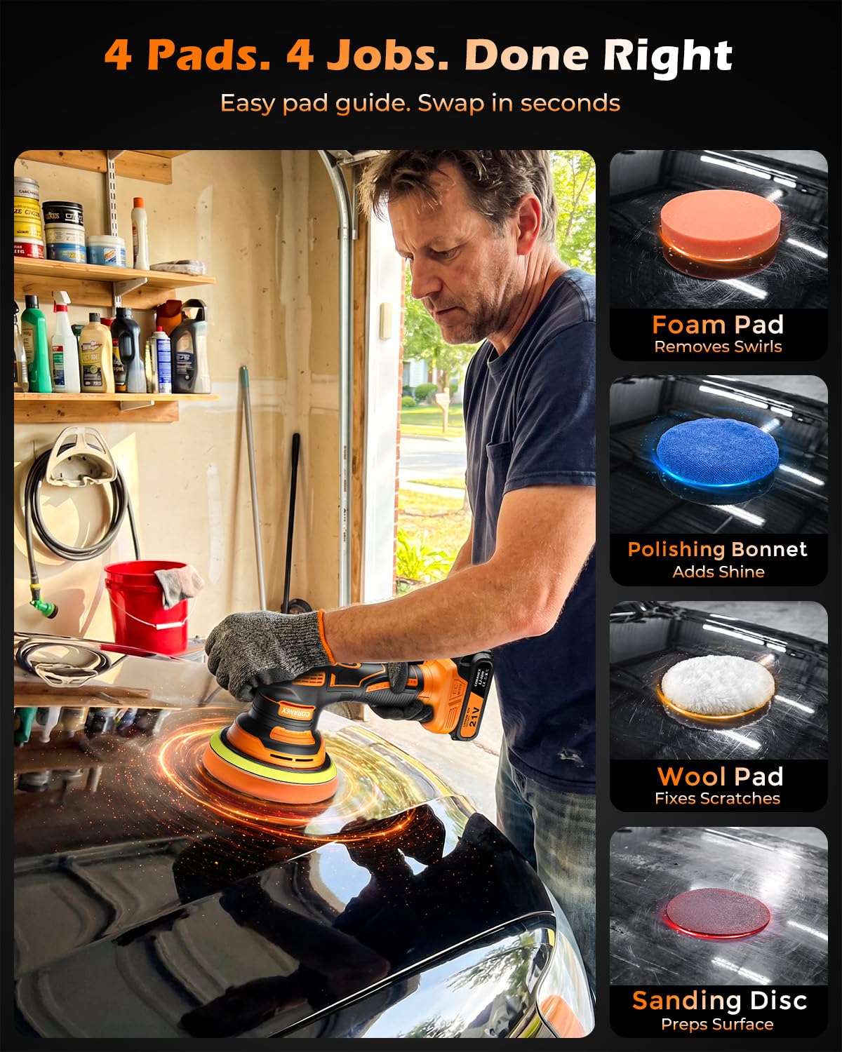 Coranex buffer polisher in use on car surface delivering smooth finish