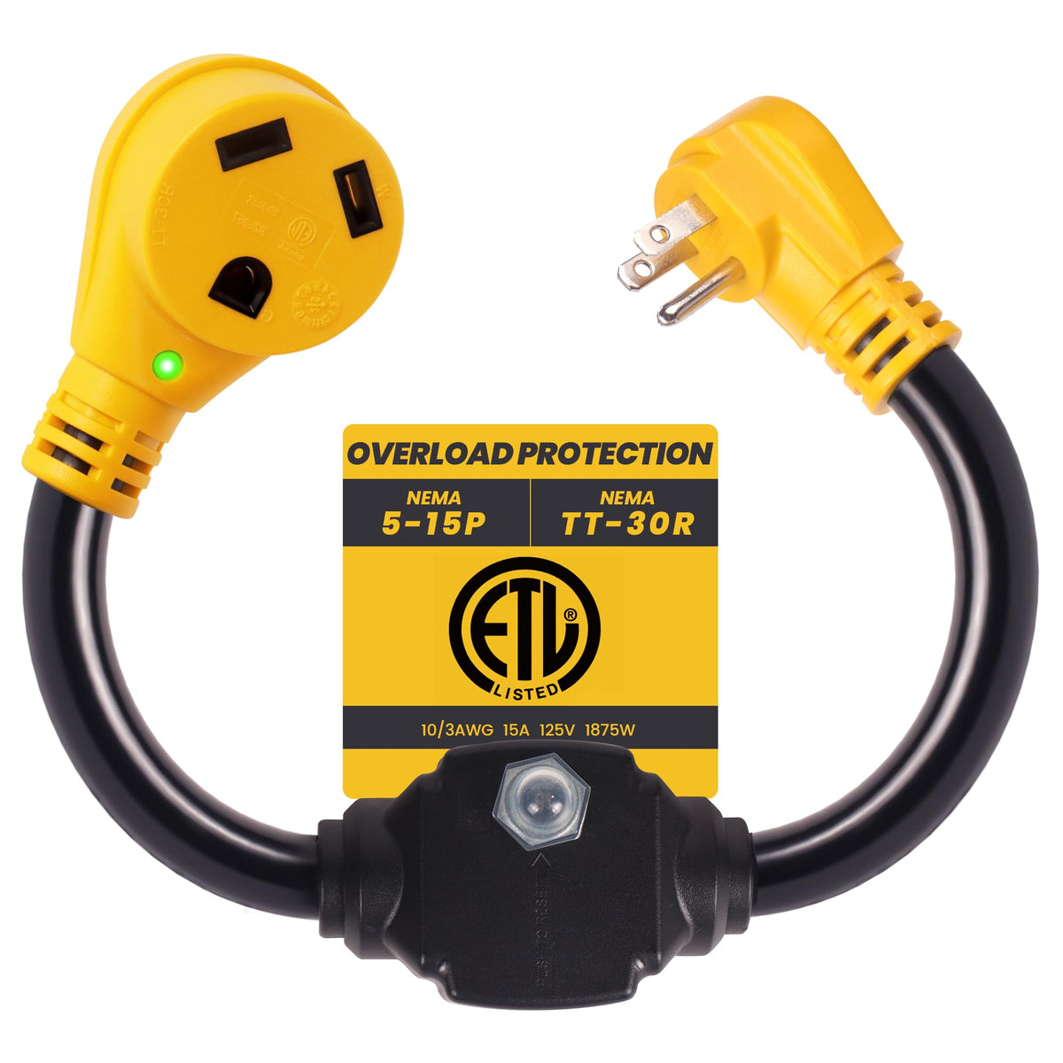 CORDMITPRO front view of adapter showing plug and receptacle, ensures safe connection