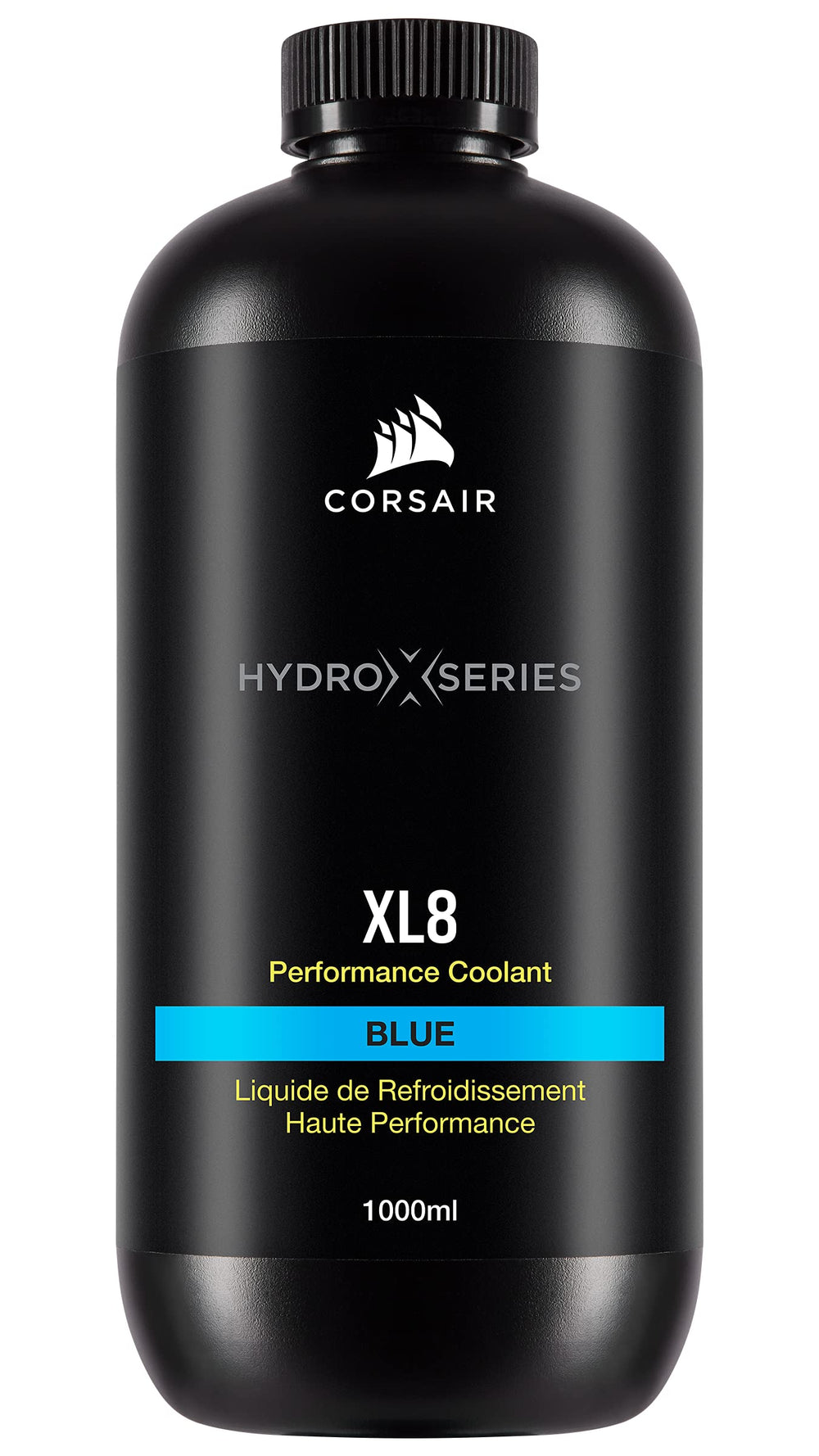 Corsair XL8 translucent blue front bottle showing label and capacity benefits