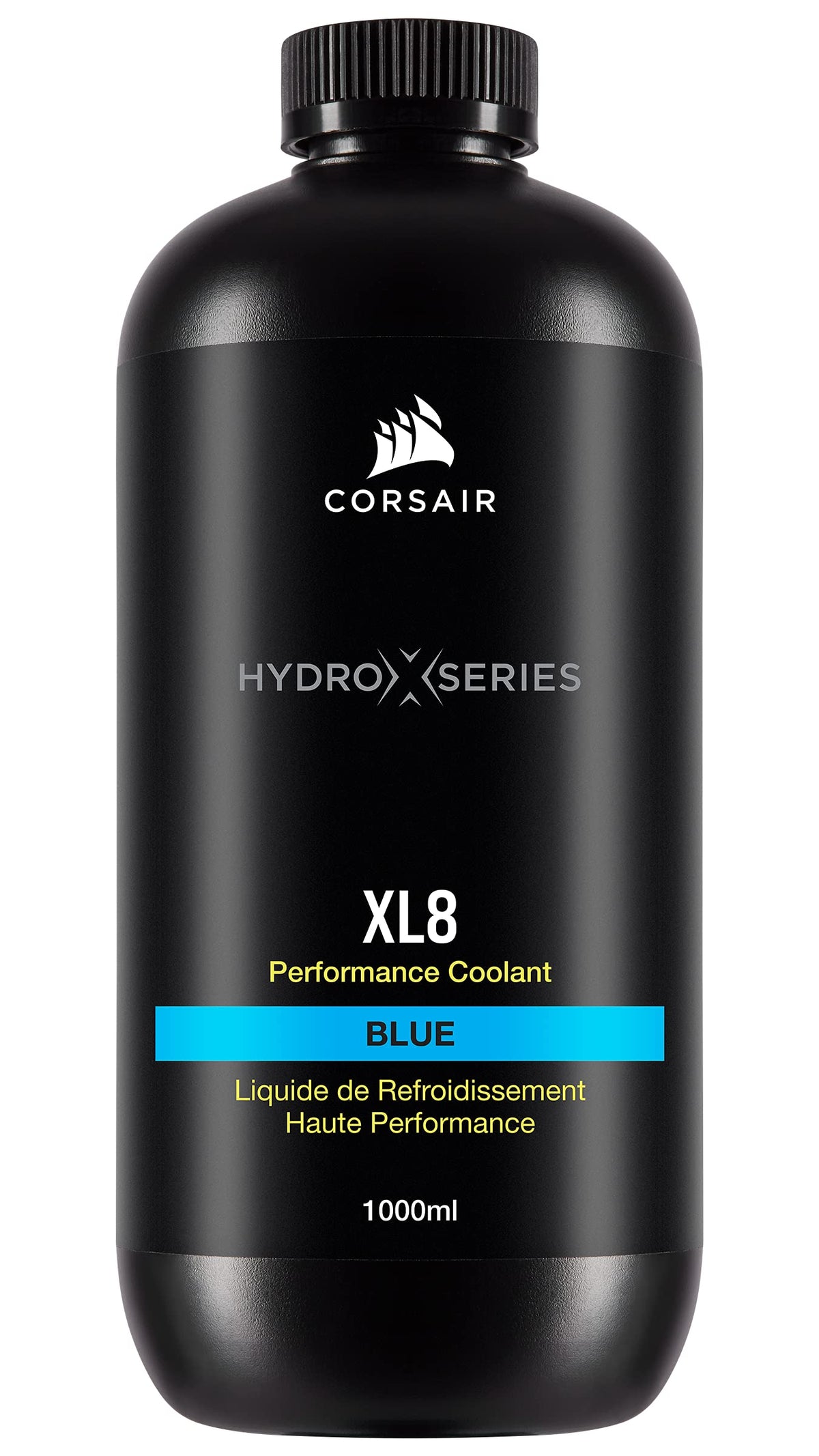 Corsair XL8 translucent blue front bottle showing label and capacity benefits