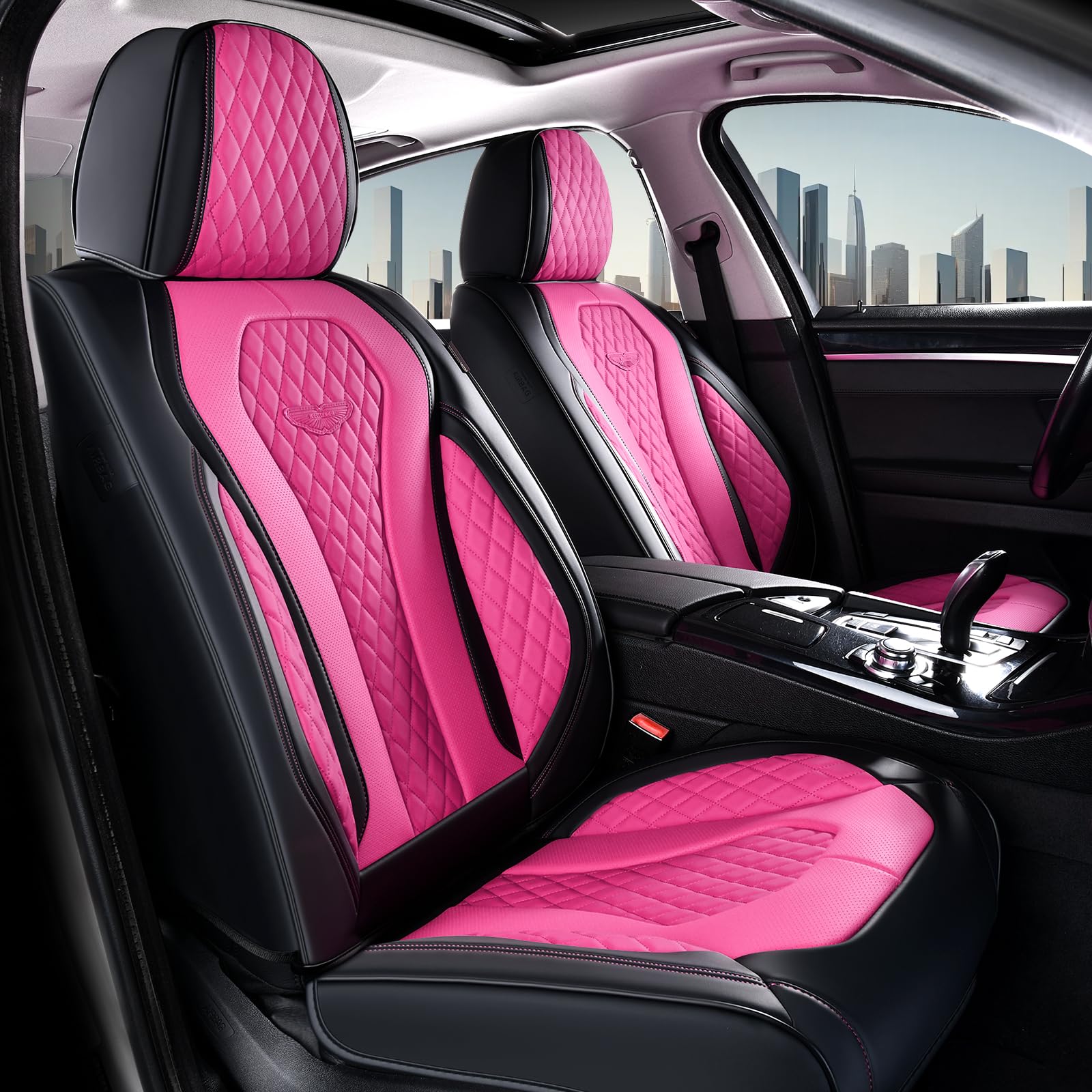 Coverado rear three-piece seat covers displayed, demonstrating flexible fit and coverage