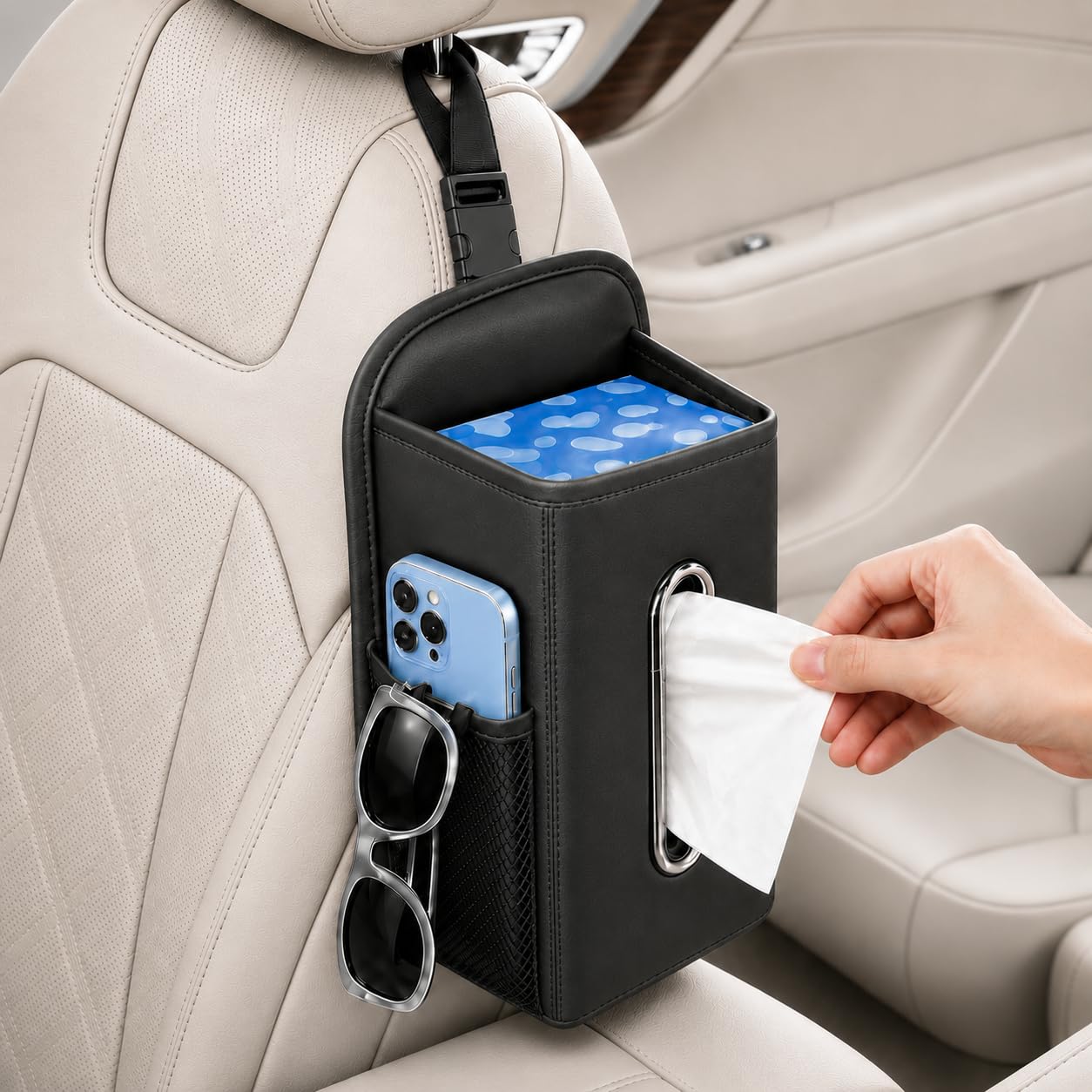COZILO front view headrest-mounted tissue holder keeps tissues reachable