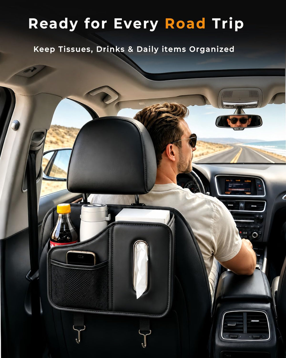COZILO lifestyle shot with family roadtrip showing tidy backseat organization