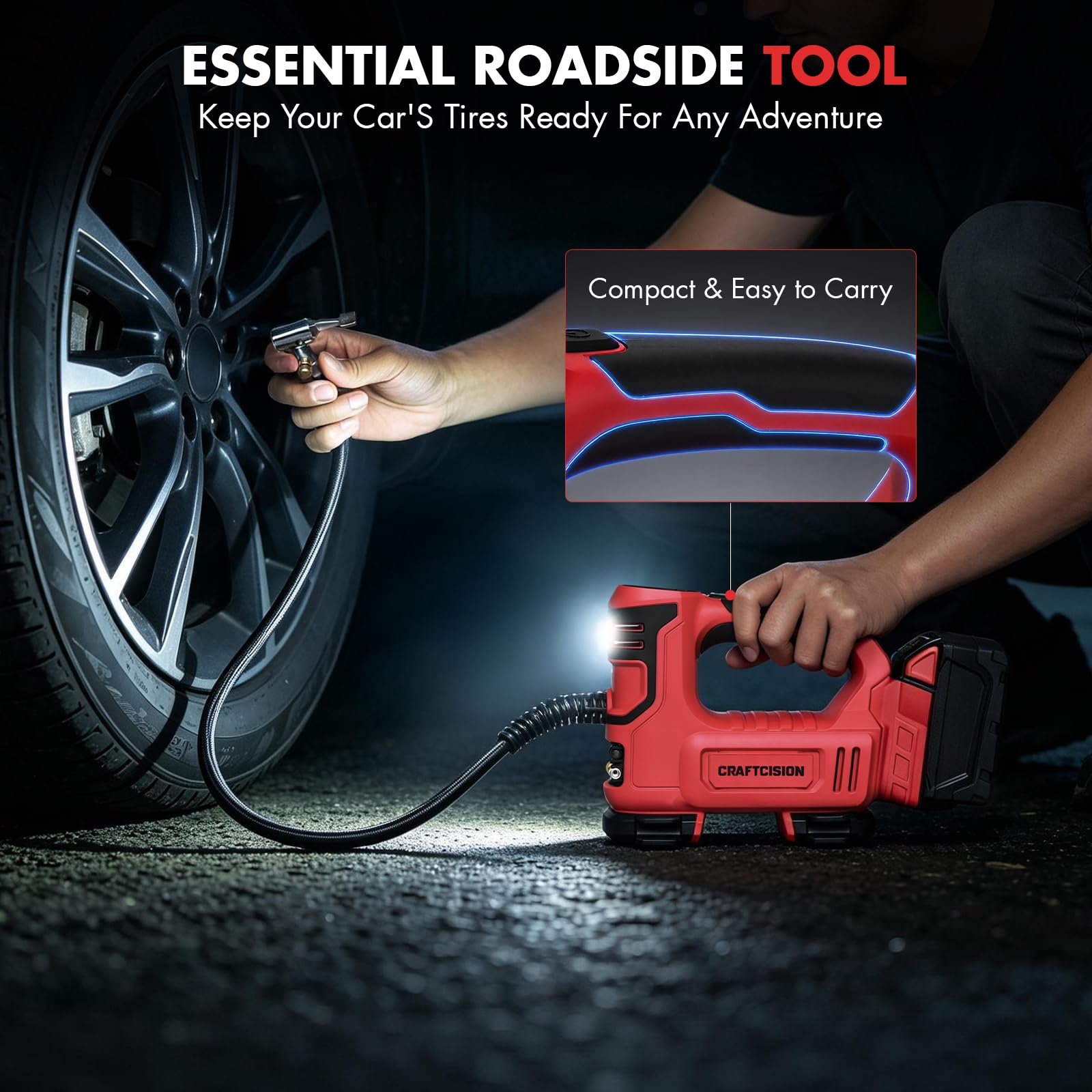 CRAFTCISION inflator in use on car tire demonstrating fast inflation