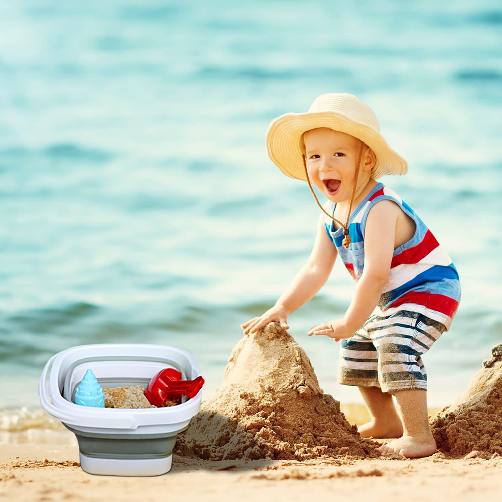 Craftend bucket as beach sand tub with child playing showing multi-use fun