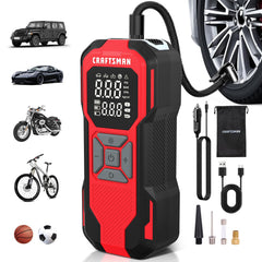 CRAFTSMAN front view showing tire inflator and benefits of portability