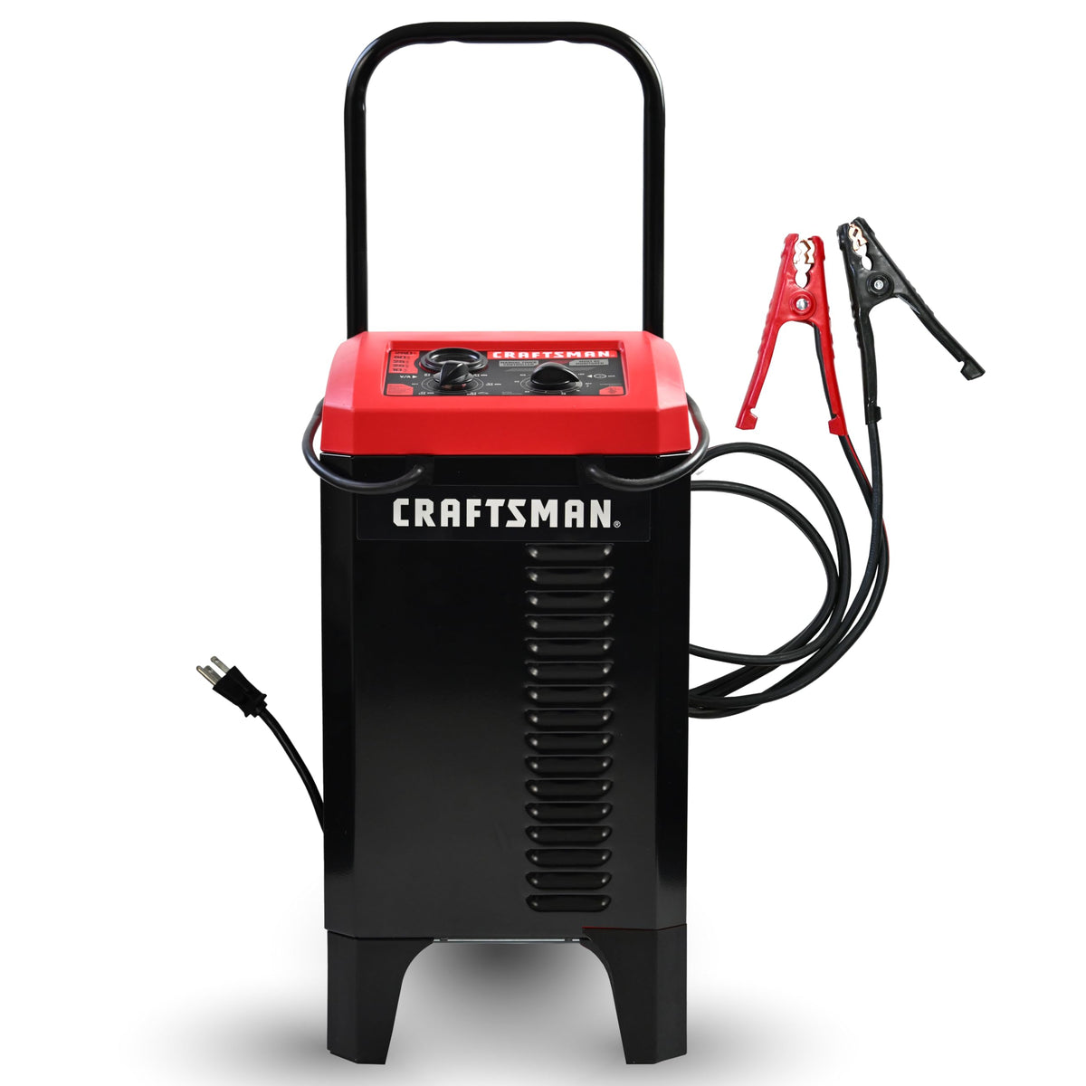 CRAFTSMAN front view of charger showing controls and steel case, built for durability