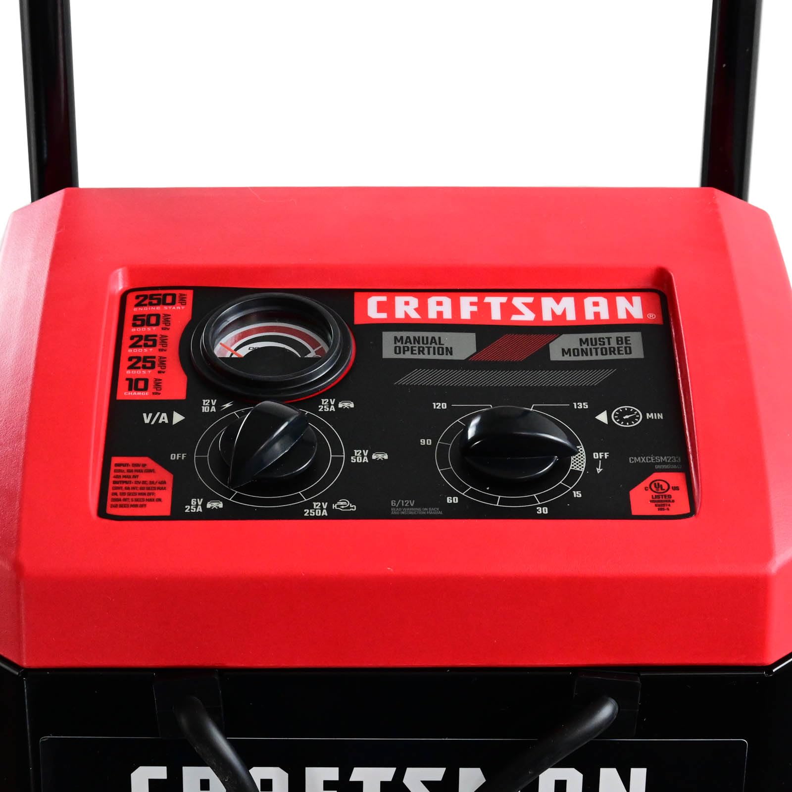 CRAFTSMAN charger in use boosting a dead battery to restore starting power