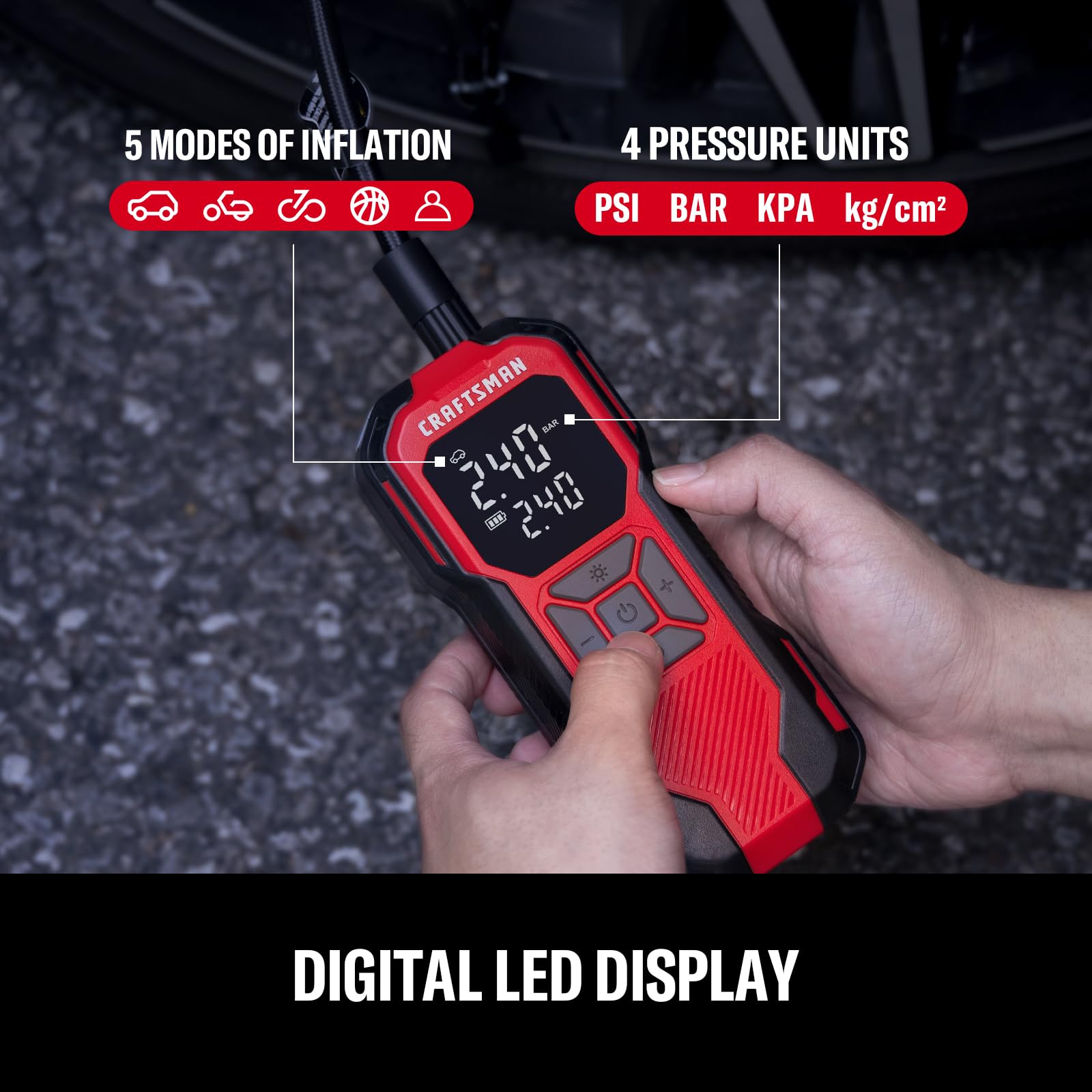 CRAFTSMAN inflator connected to car tire demonstrating fast inflation