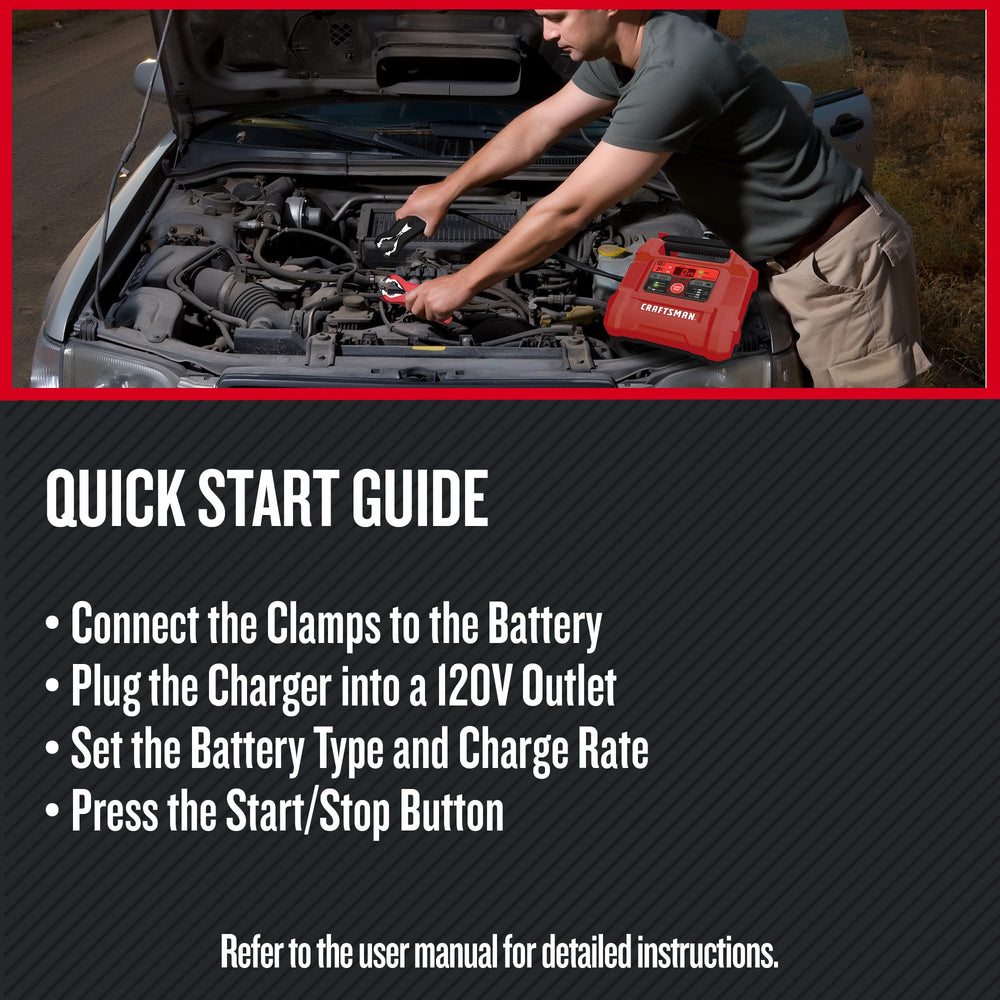 CRAFTSMAN charger beside a tape measure showing 12-foot reach for easier hookup