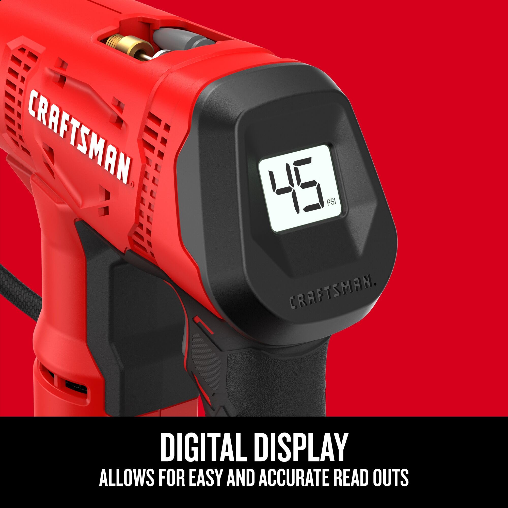 CRAFTSMAN inflator attached to car tire demonstrating roadside use