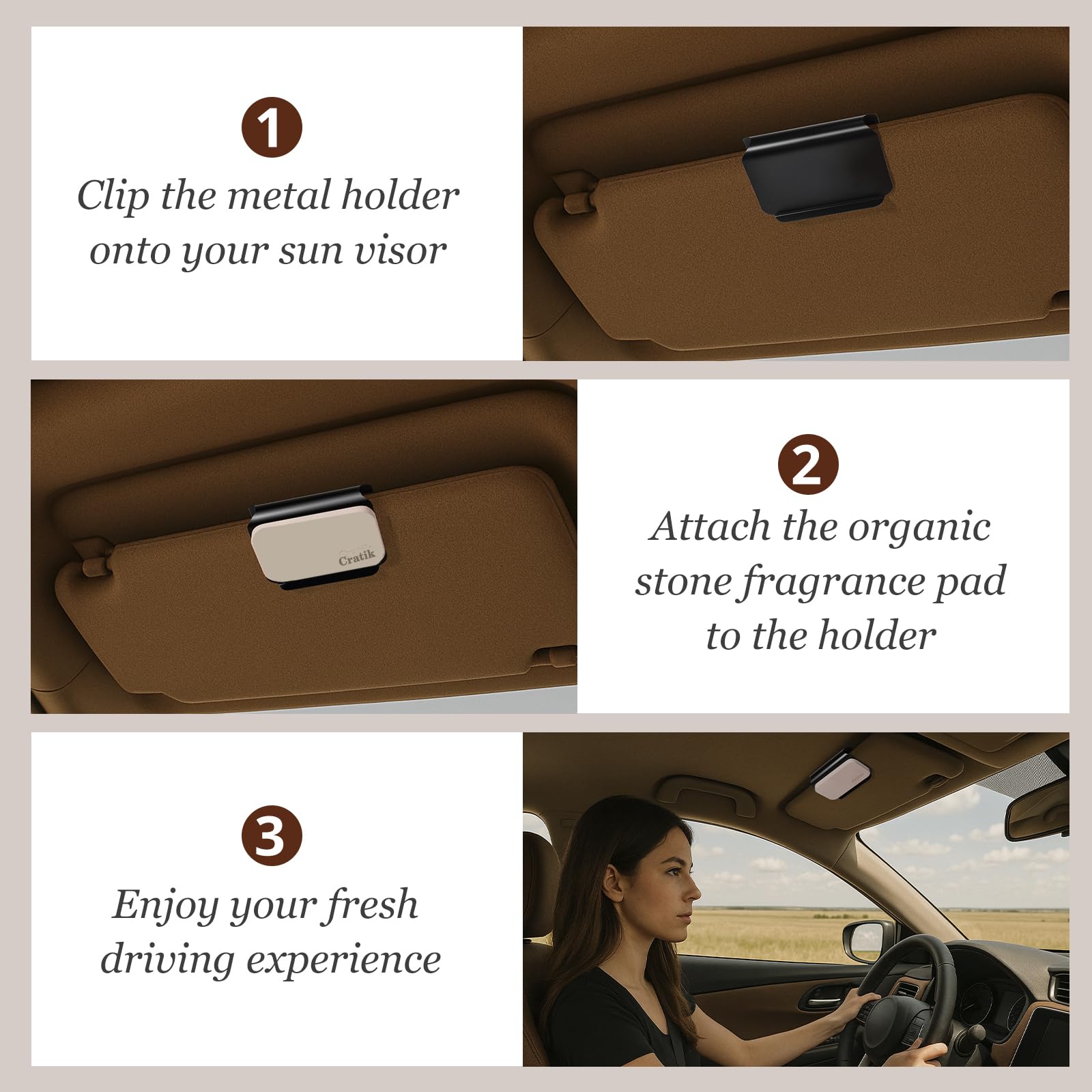 CRATIK open air stone clipped to visor in car demonstrating subtle cabin freshening