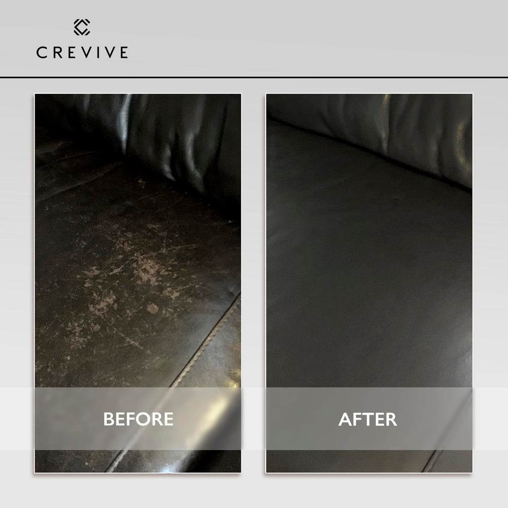 CREVIVE being applied to a sofa with a sponge restoring green color and hiding scuffs for refreshed upholstery