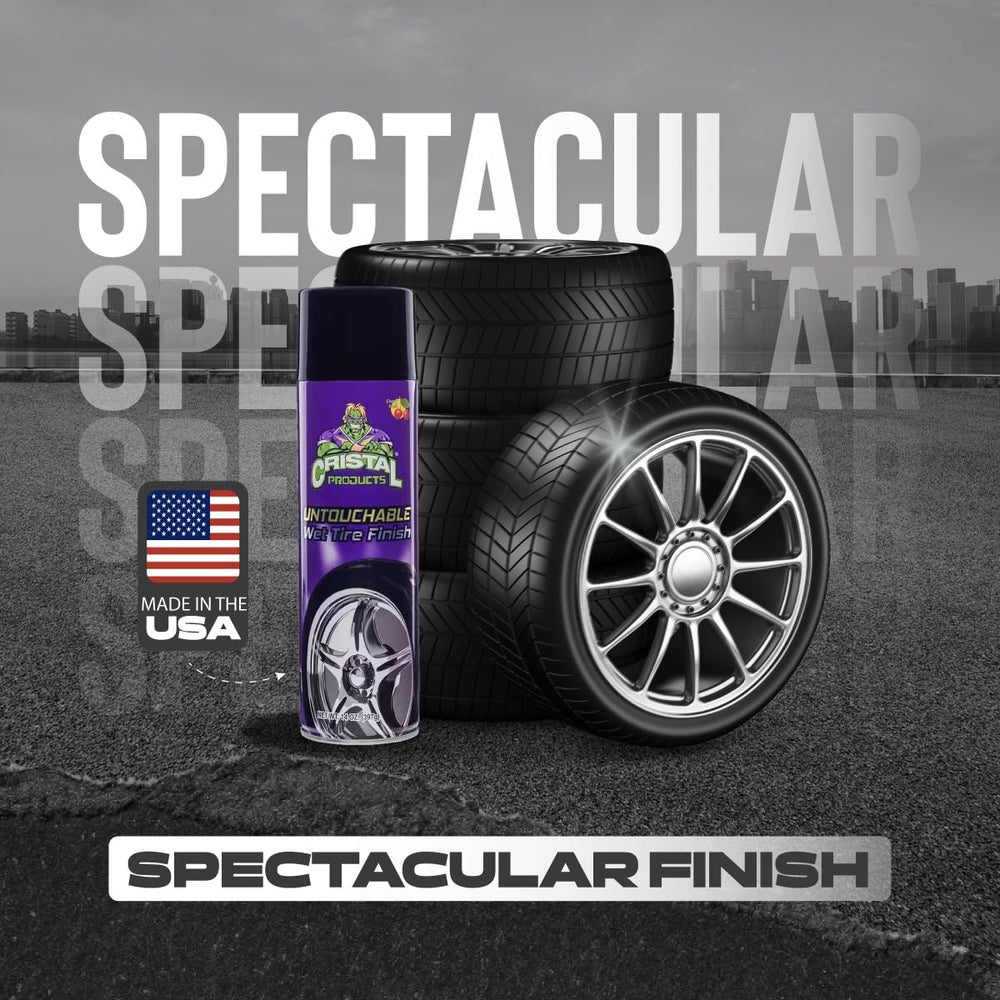 Person spraying Cristal Products onto tire demonstrating quick application and coverage