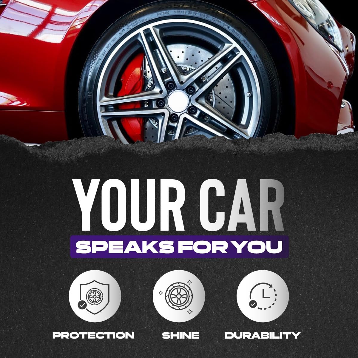 Cristal Products on tire tread close-up showing deep wet gloss and enhanced appearance