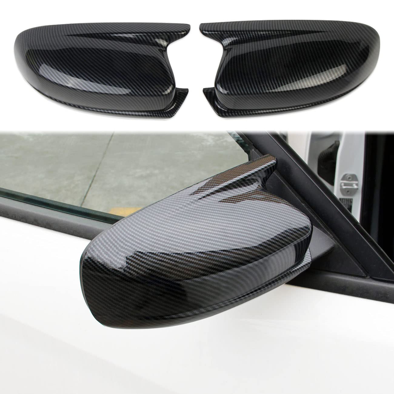 Crosselec front view of mirror cover showing carbon-fiber pattern and sleek finish