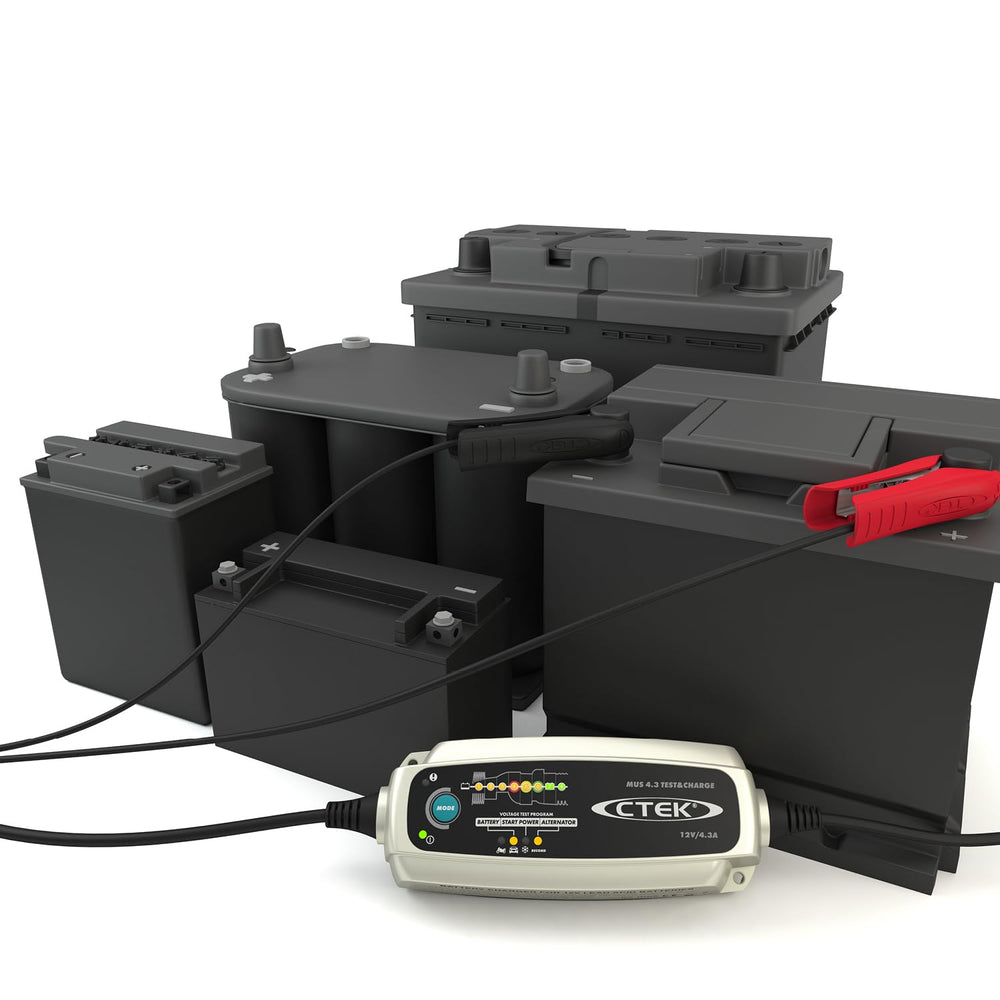 CTEK 4.3 connected to car battery demonstrating charging and diagnostic use