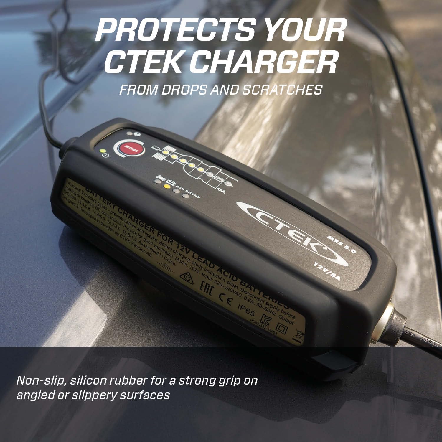 CTEK bumper installed on charger demonstrating secure fit and paint protection