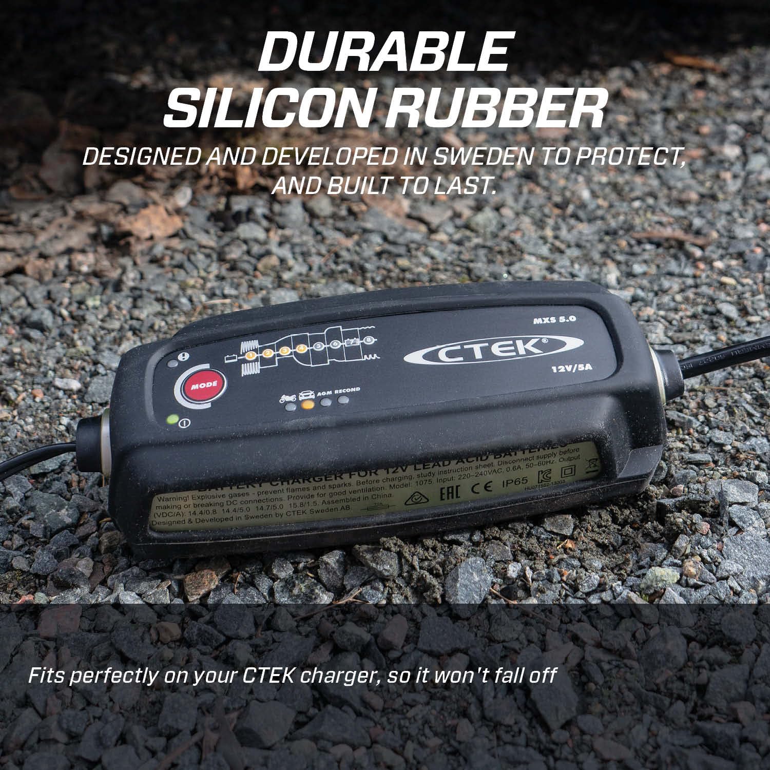 CTEK bumper in garage setting protecting charger and vehicle finish