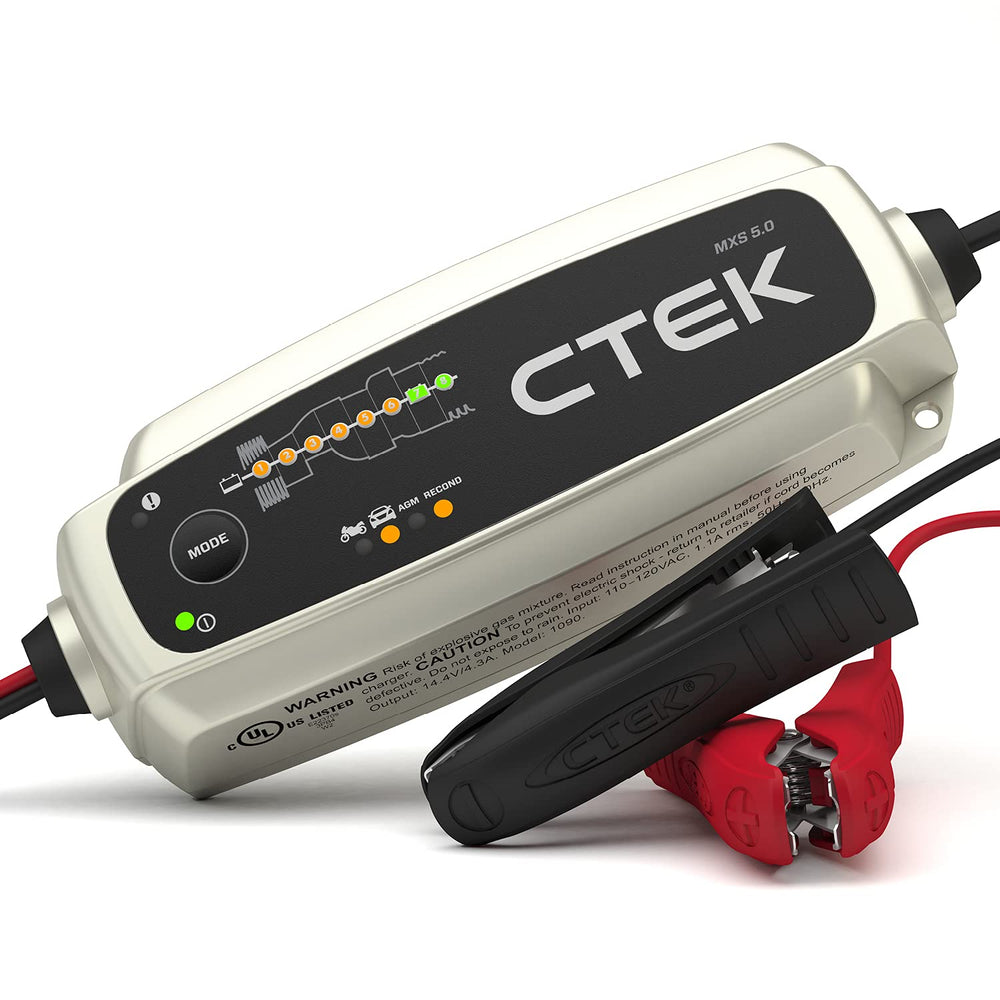 CTEK MXS 5.0 front view showing compact charger and benefits of easy storage