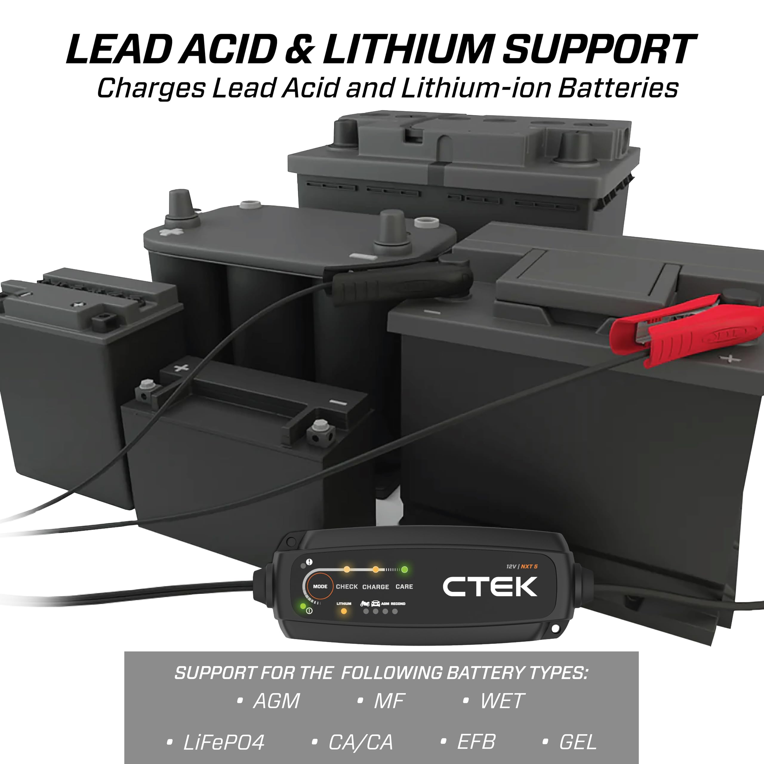 CTEK NXT 5 clamps and cables detail demonstrating secure connections and safety