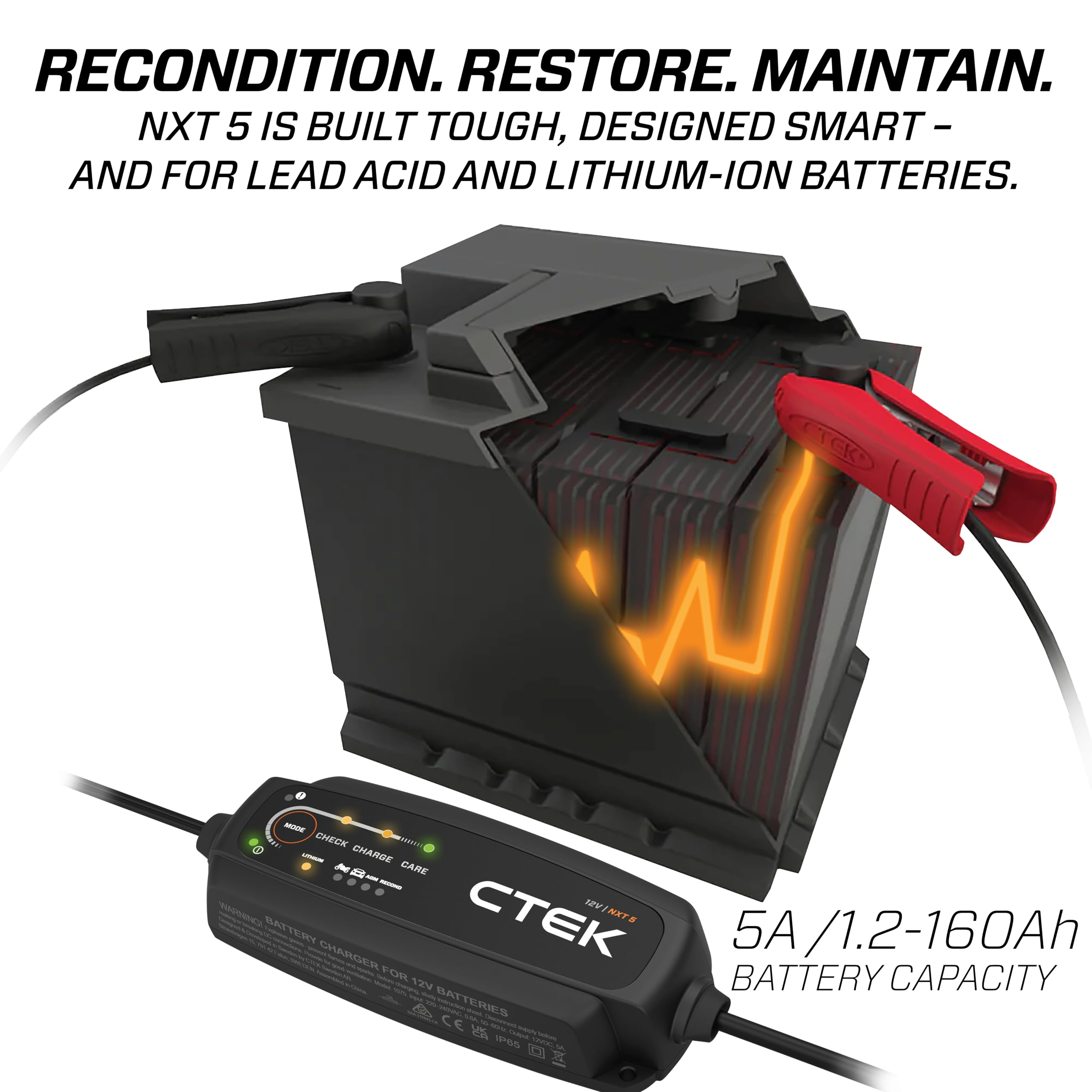 CTEK NXT 5 control panel and mode indicators displaying simple program selection benefit