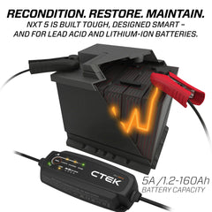 CTEK NXT 5 control panel and mode indicators displaying simple program selection benefit