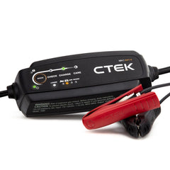CTEK NXT 5 front view showing compact charger and branding with easy operation benefit