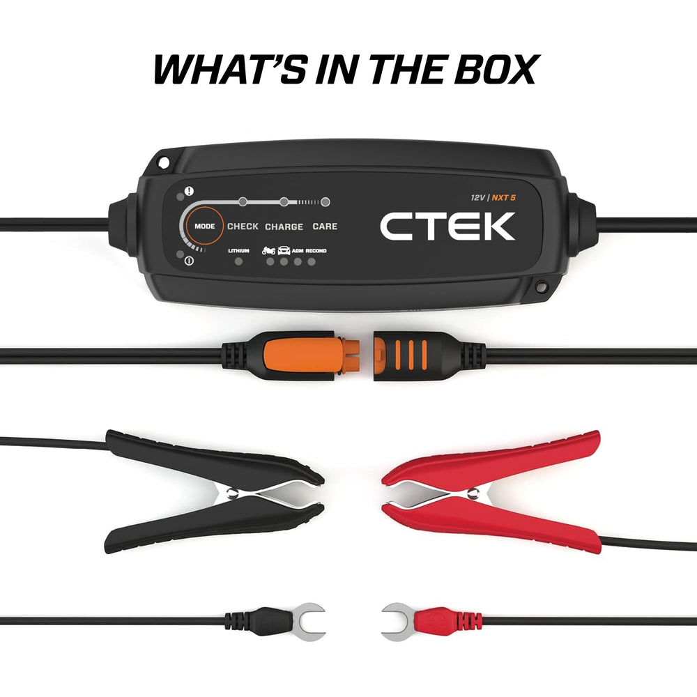 CTEK NXT 5 mounted on a car battery in engine bay showing in‑vehicle maintenance benefit
