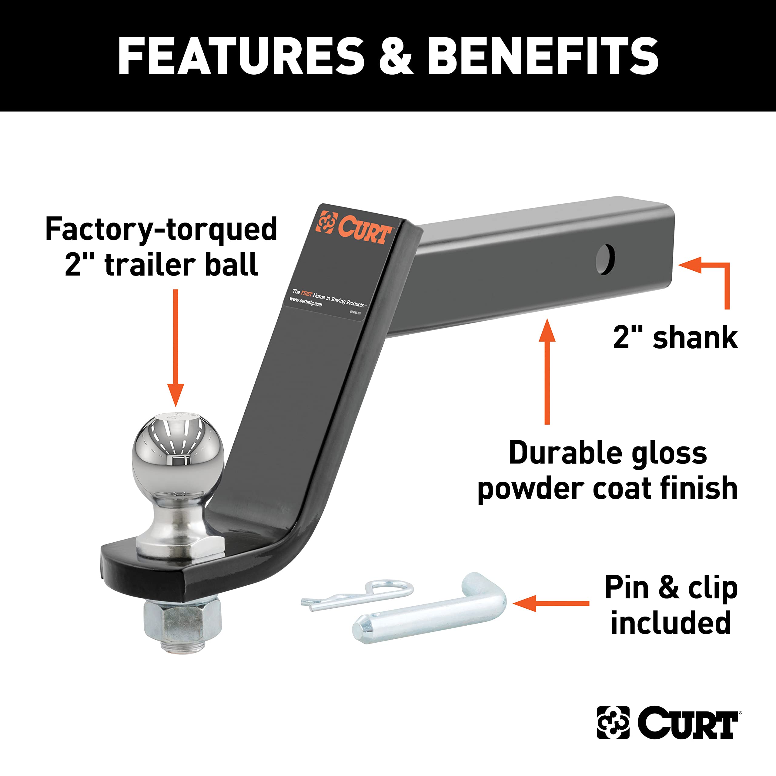 CURT close-up of the factory-torqued 2-inch trailer ball for safe connections