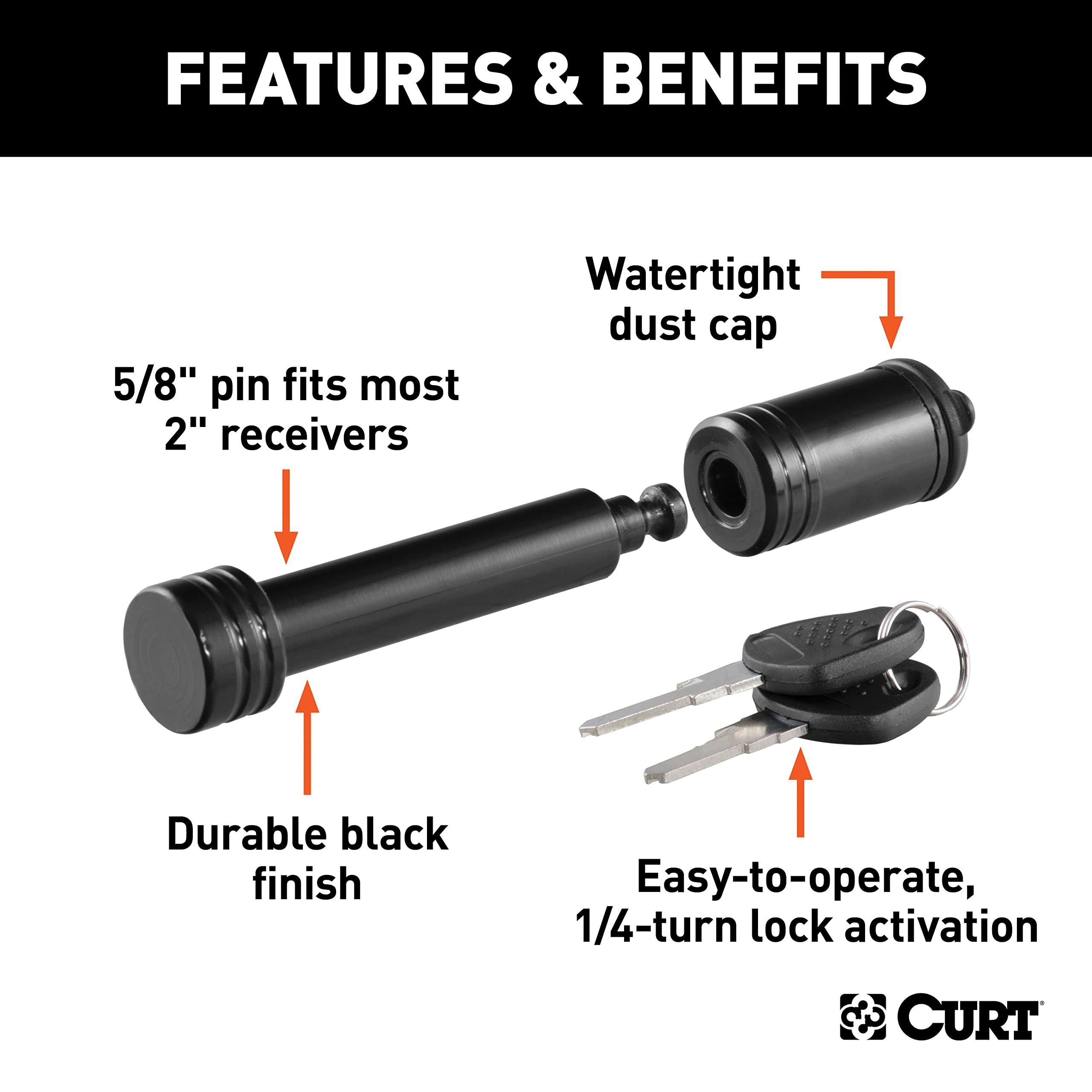 CURT detailed shot of 5/8 inch pin showing sturdy steel construction and fit