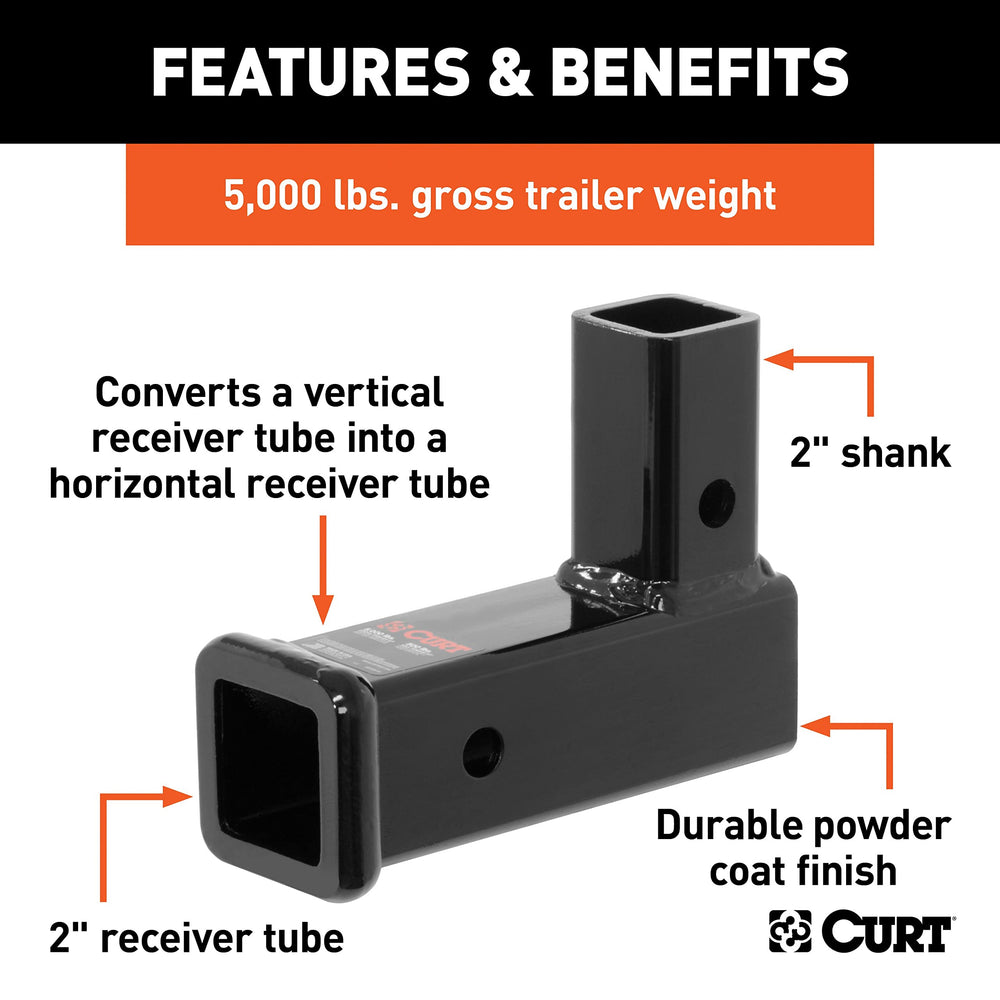 CURT 45013 next to a ruler showing 4-1/4 inch length and 2-7/16 inch drop for proper sizing
