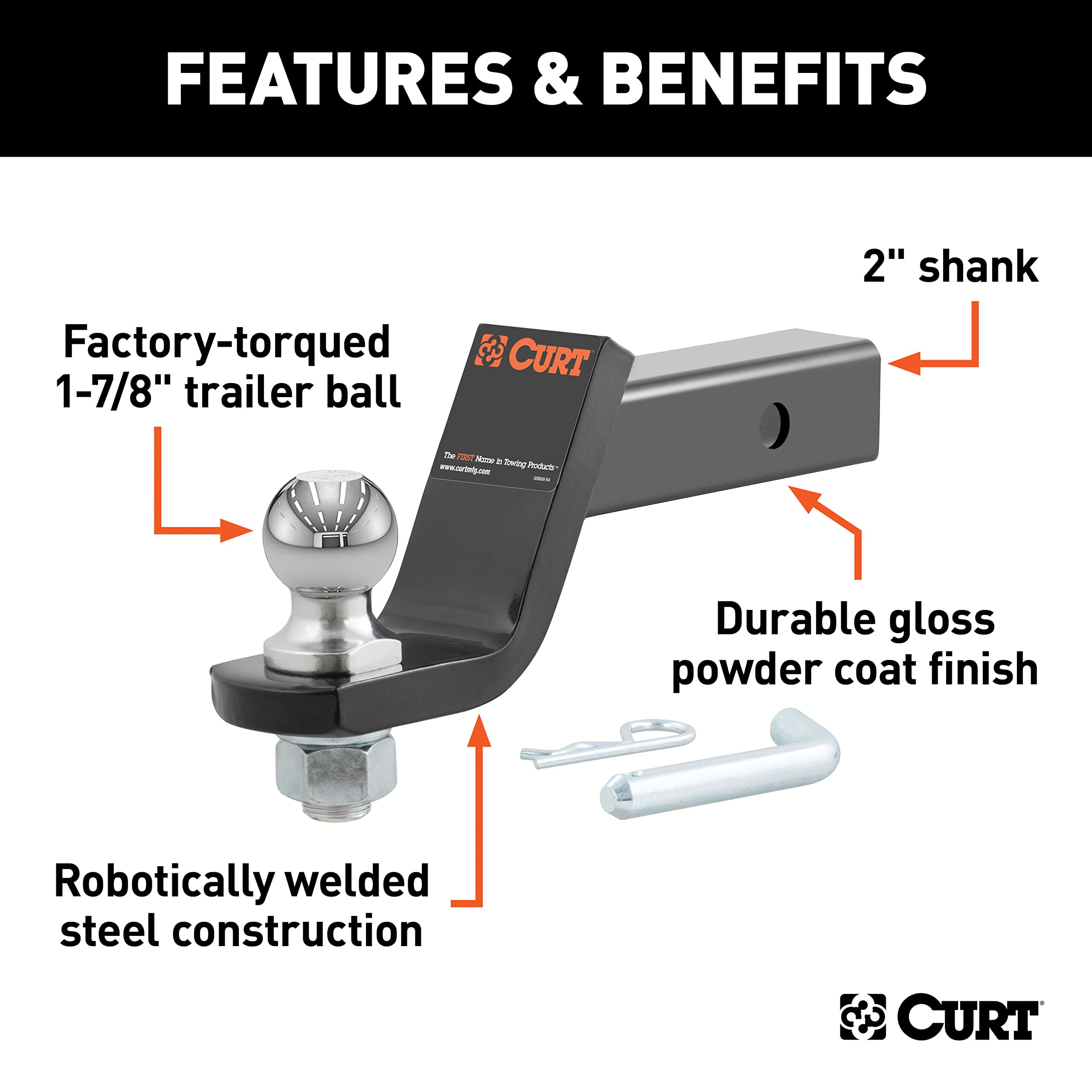 CURT 45055 shank detail highlighting 2x2-inch shank and included pin convenience
