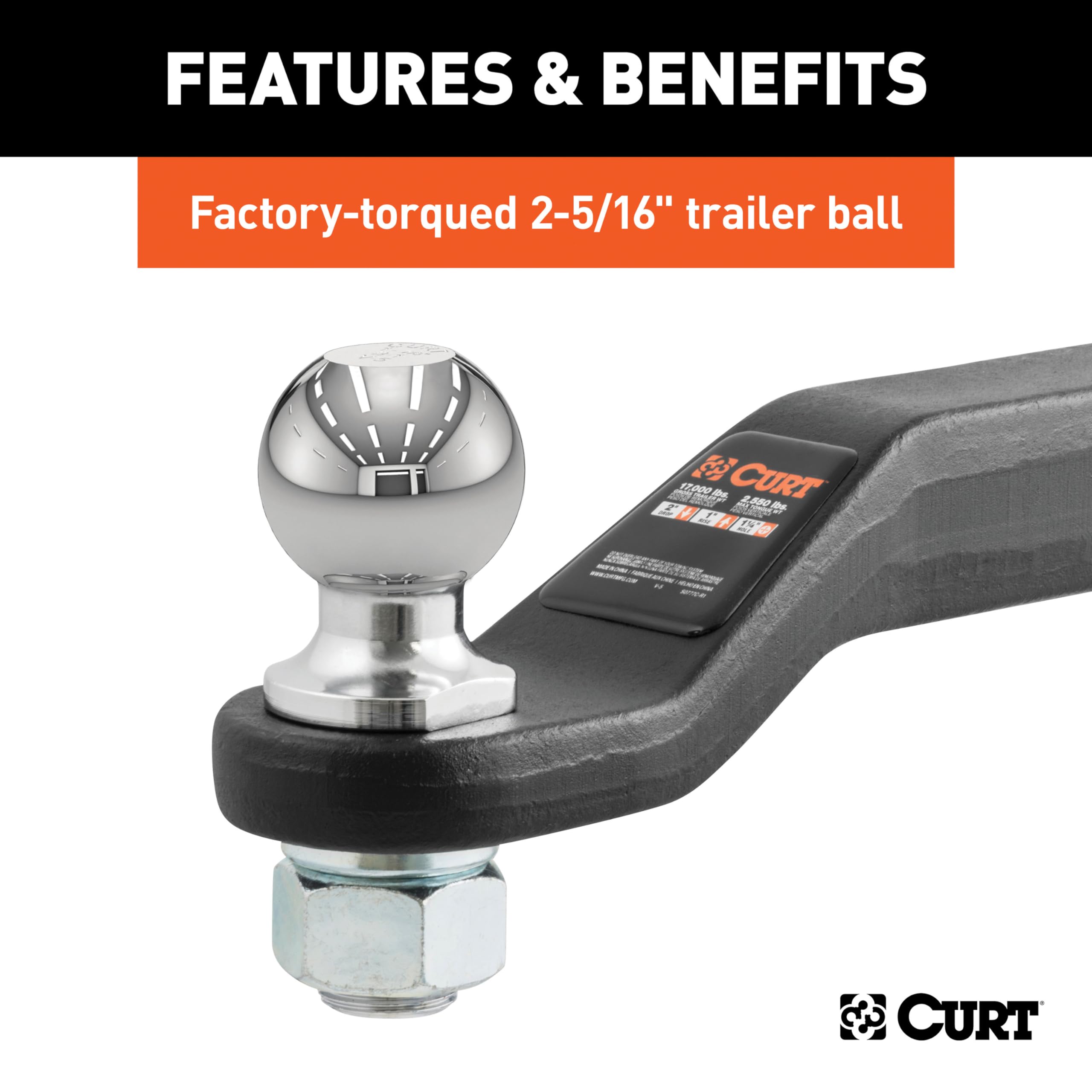 CURT side profile showing 2 inch drop and stable trailer leveling benefit