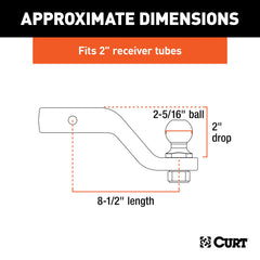 CURT trailer ball closeup showing 2-5/16 inch ball and secure torque benefit