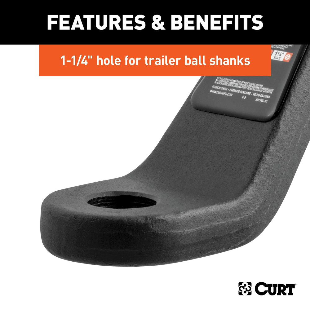 CURT view of ball hole and load tag, confirms 1-1/4" ball compatibility
