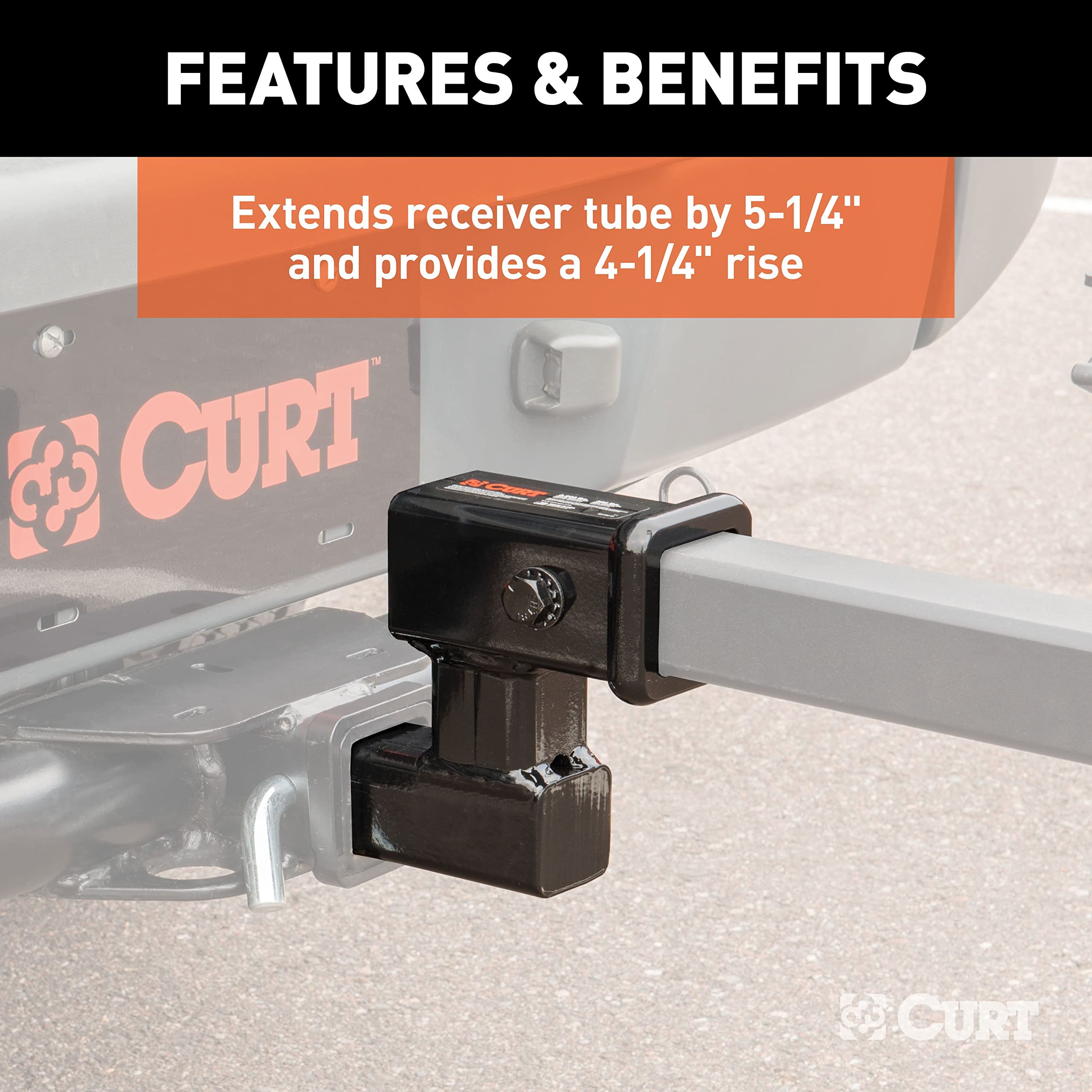 CURT adapter next to tape measure showing 5-1/4 inch extension and sizing benefit