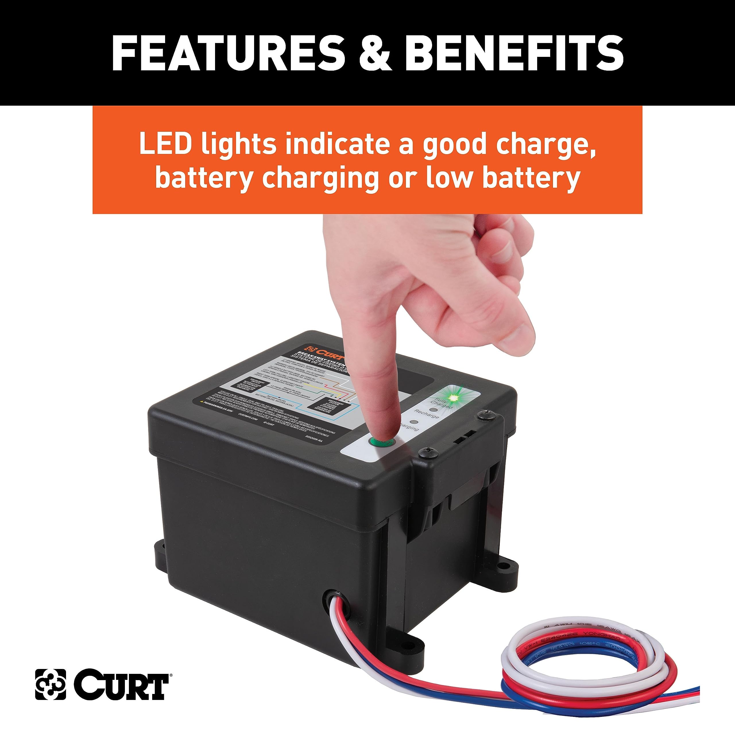 CURT nylon breakaway switch close-up illustrating reliable mechanical activation protection