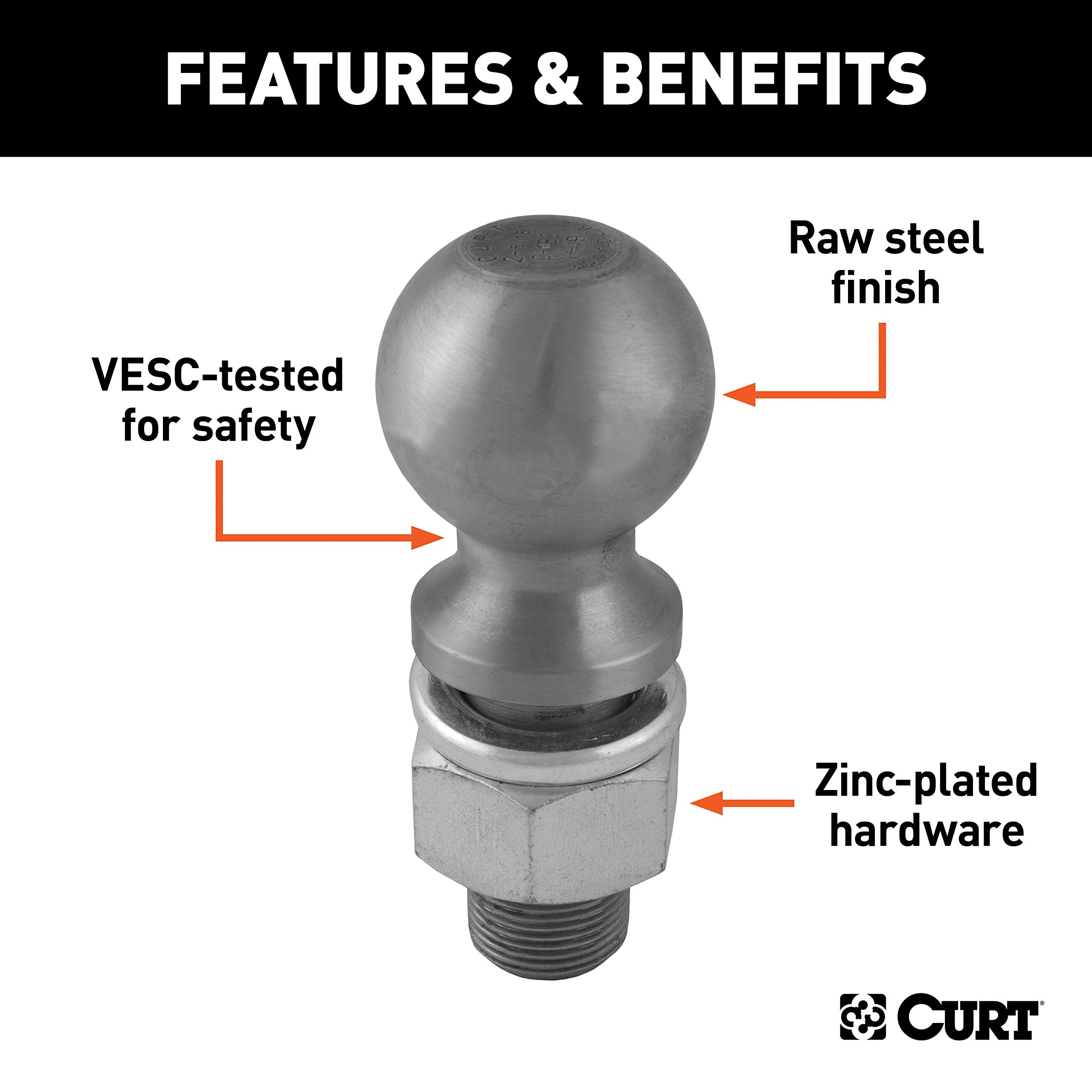 CURT hitch ball installed on ball mount demonstrating fit and scale