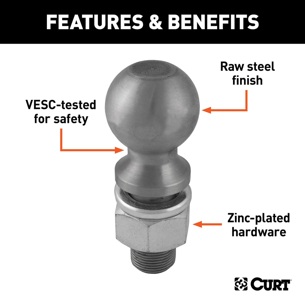 CURT hitch ball installed on ball mount demonstrating fit and scale